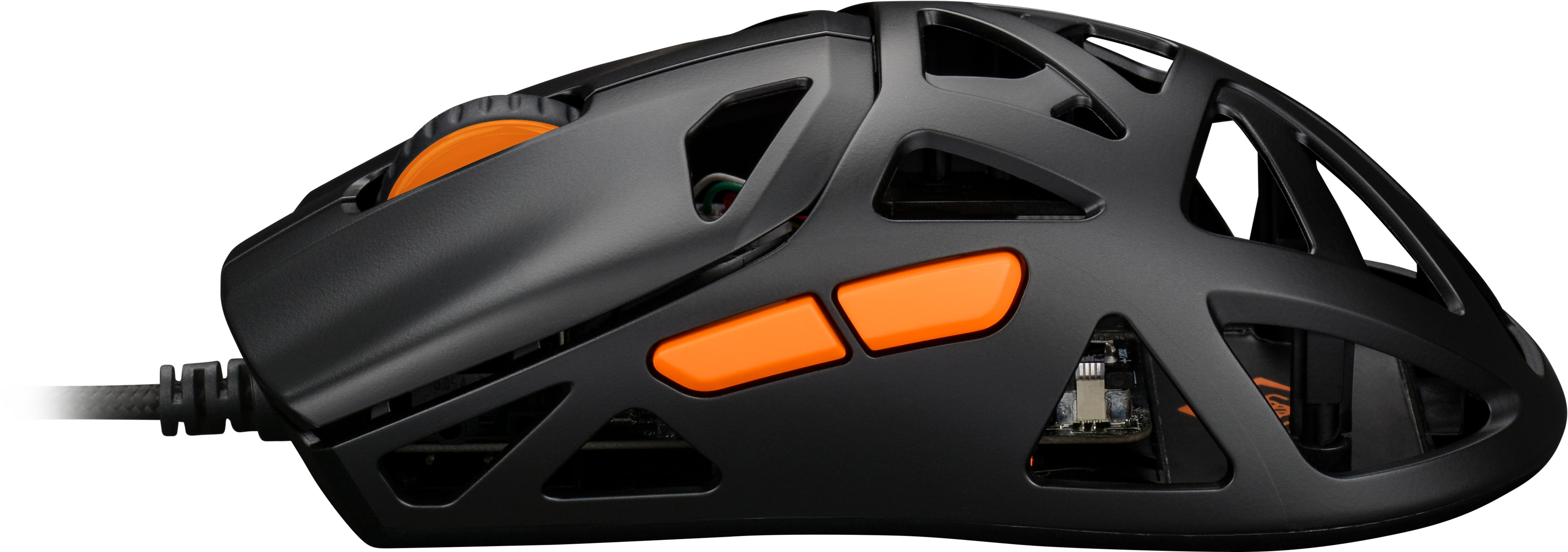 Mouse gaming nero con design a scheletro aperto, pulsanti e rotella arancioni.