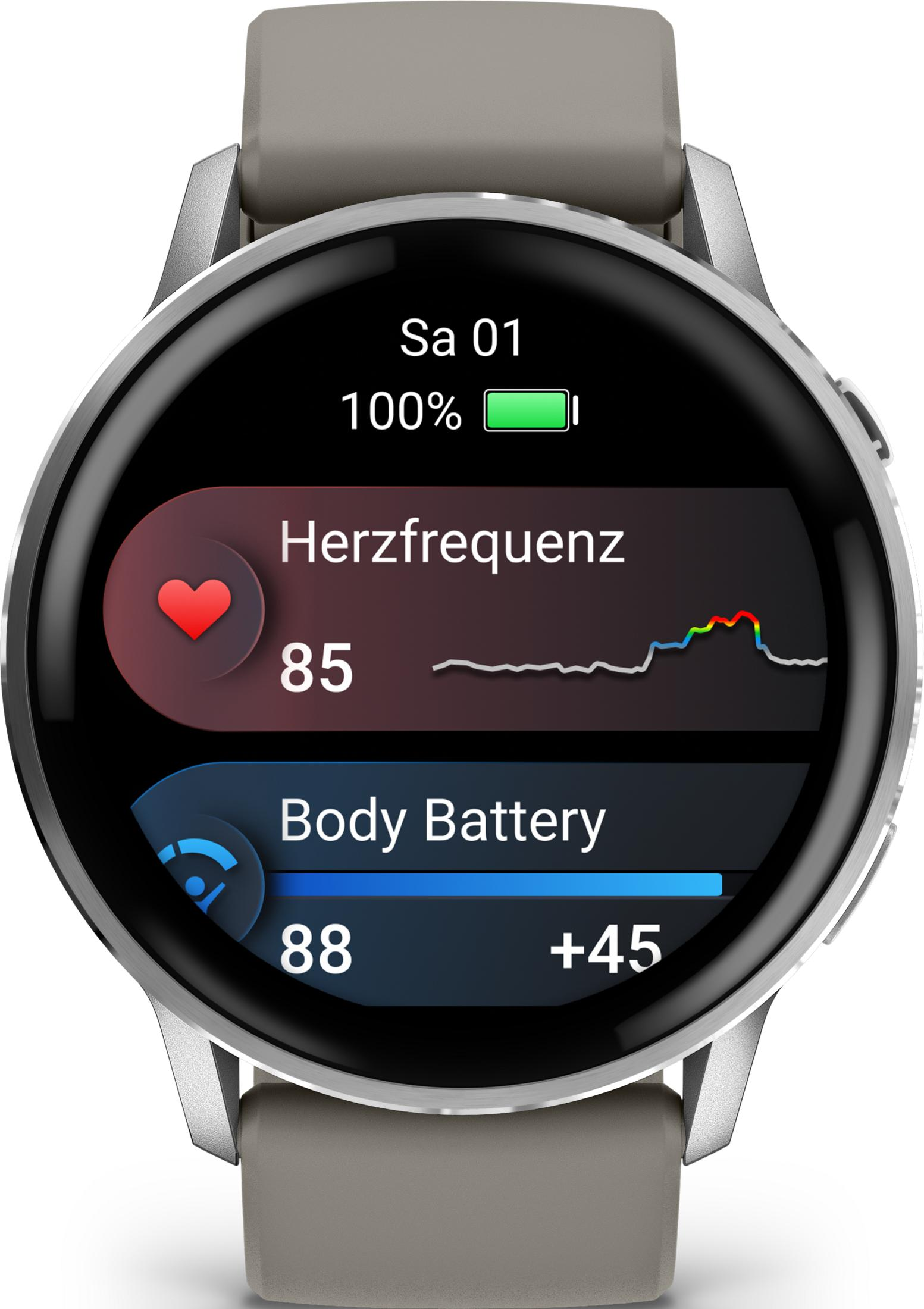 Eine Smartwatch mit Herzfrequenz- und Akkuanzeige.