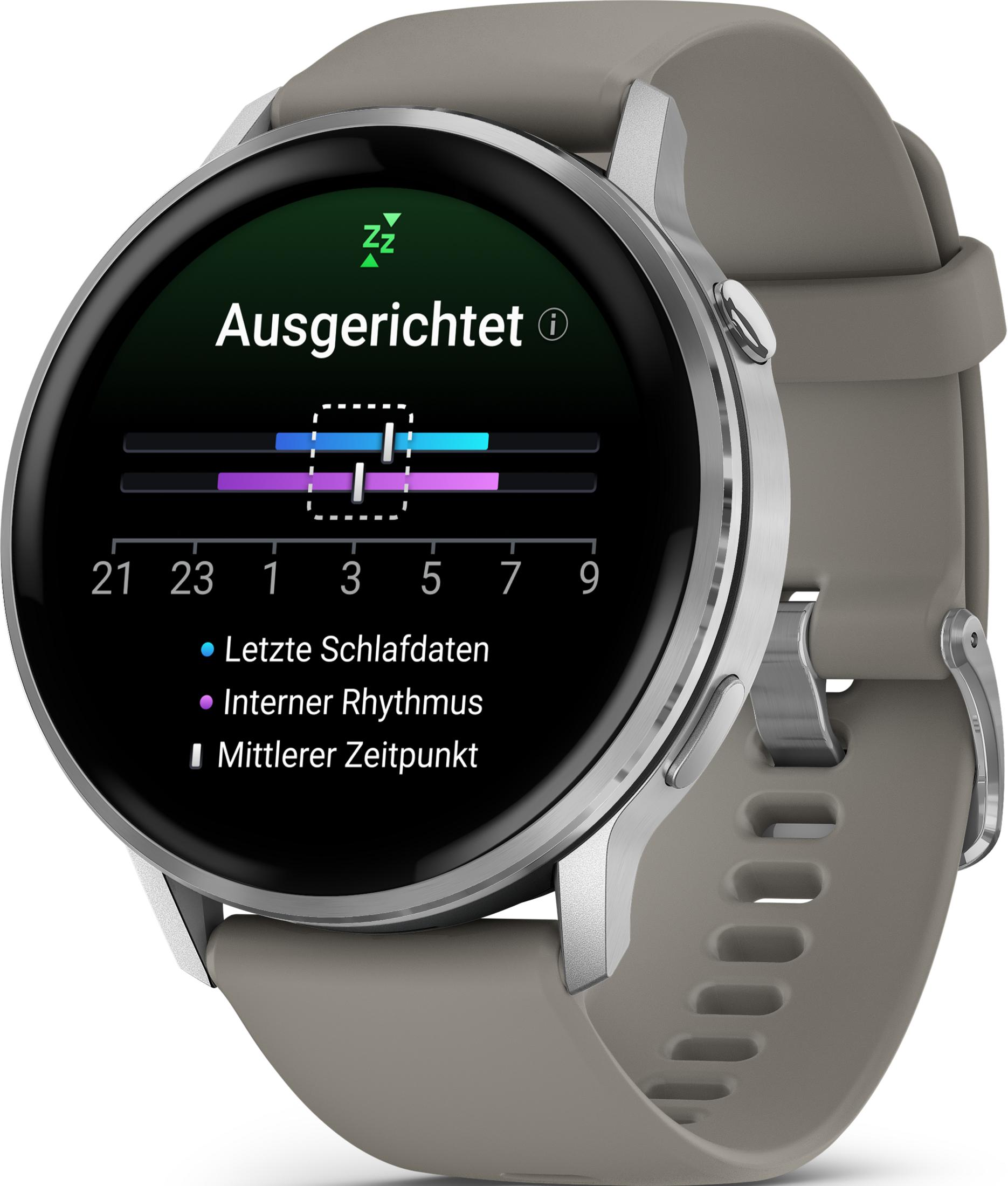 Graue Smartwatch zeigt Schlafanalyse mit Zeitstrahl an.