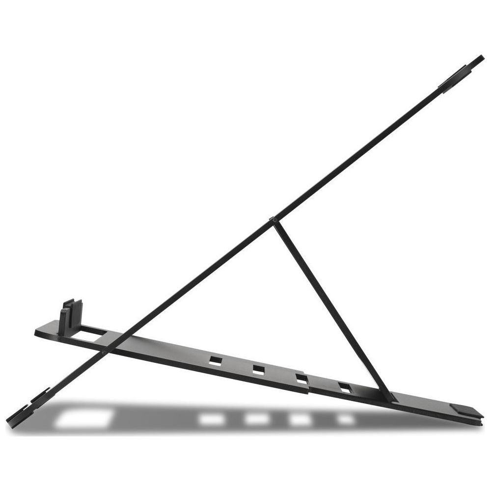 Support noir et réglable pour ordinateur portable en métal ventilé.