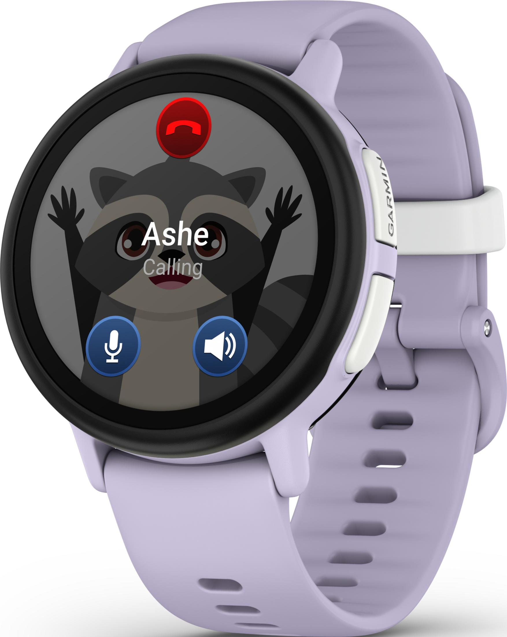 Lila Smartwatch zeigt einen Anruf von einem Waschbären mit Mikrofon- und Lautsprechersymbolen an.
