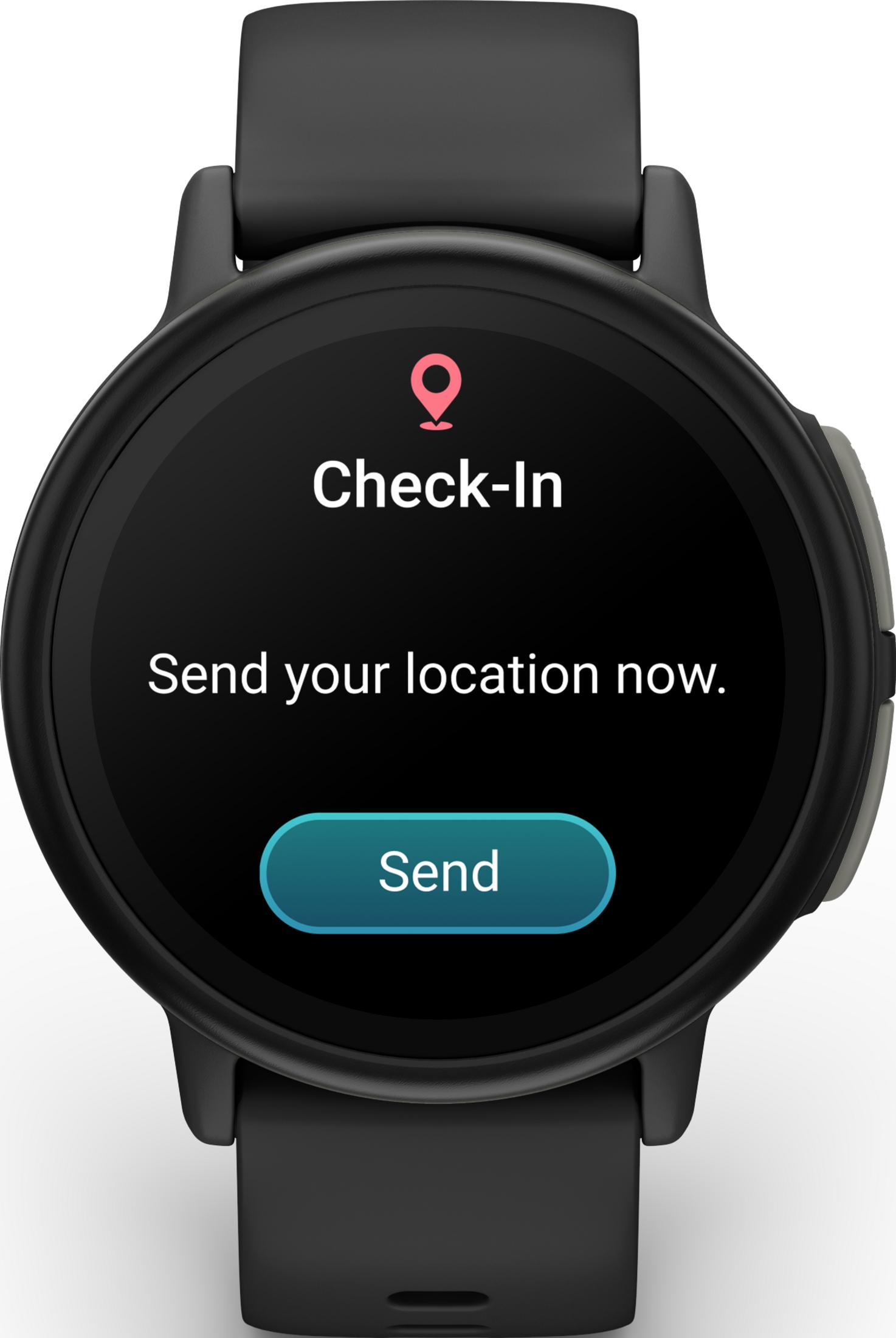 Eine Smartwatch zeigt 'Check-In' mit Standort-Symbol und 'Senden' Schaltfläche.