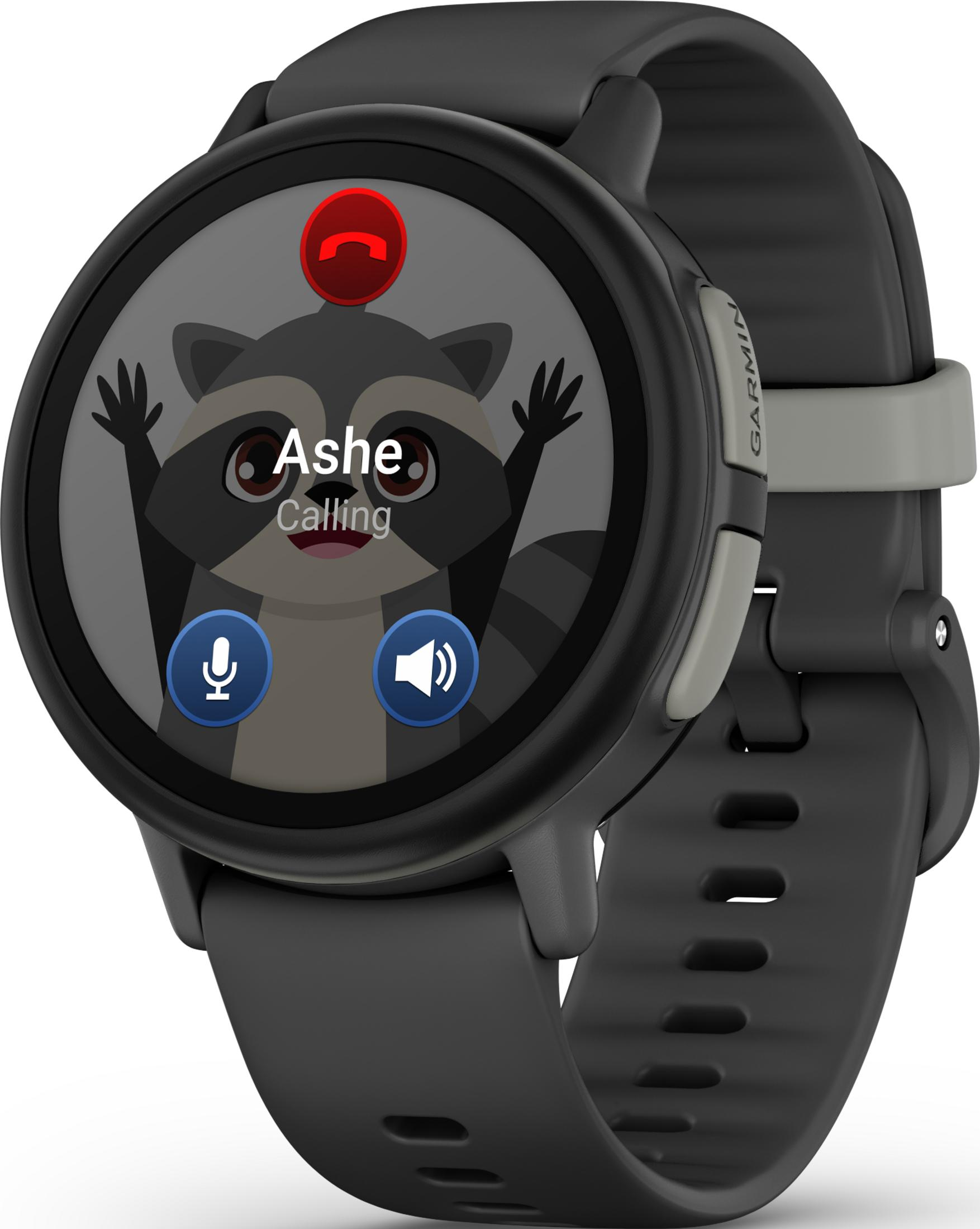 Smartwatch zeigt einen Anruf von Ashe mit einem Waschbären-Avatar und Steuerelementen an.