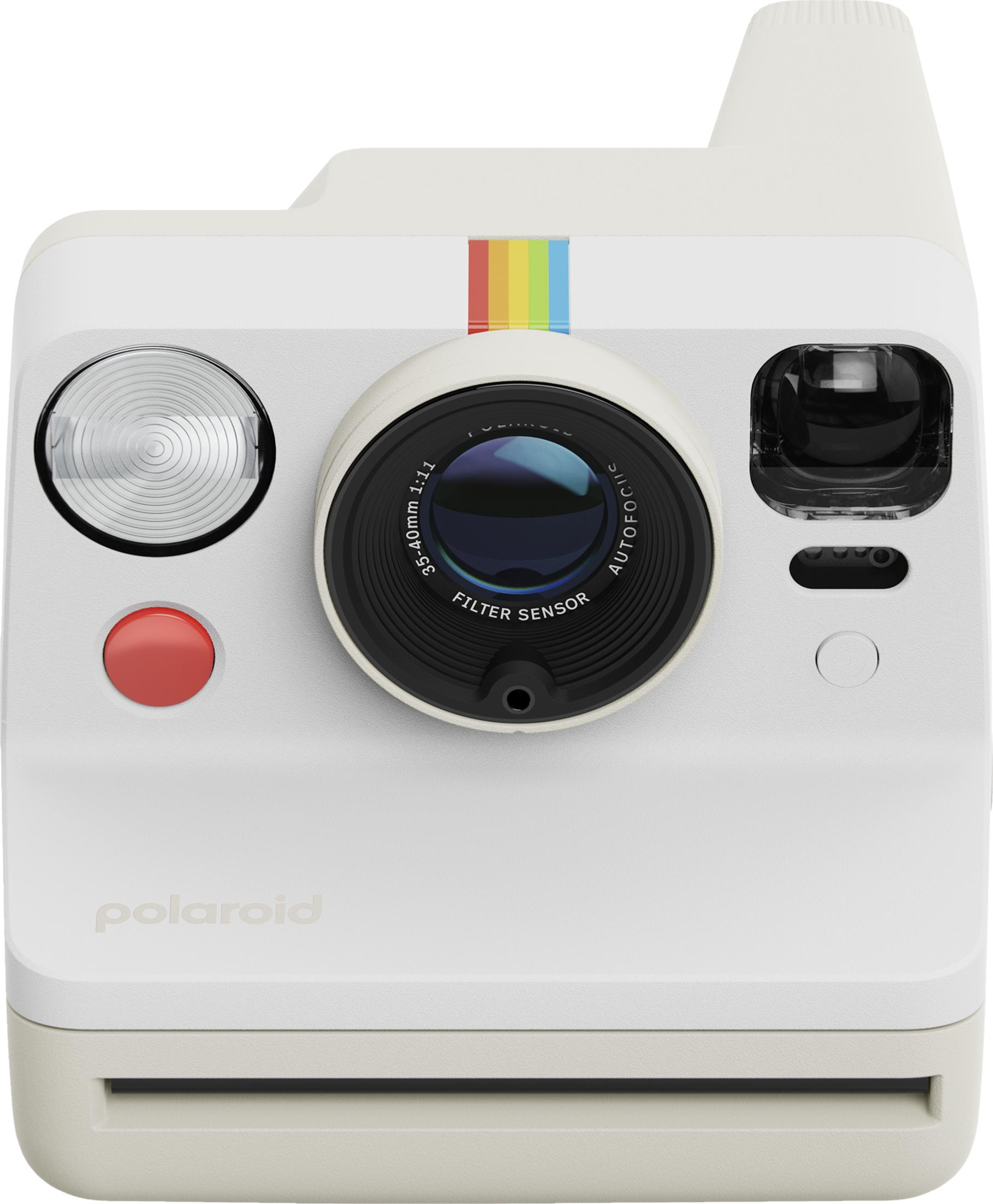Appareil photo instantané Polaroid blanc avec bande arc-en-ciel, bouton rouge et objectif.