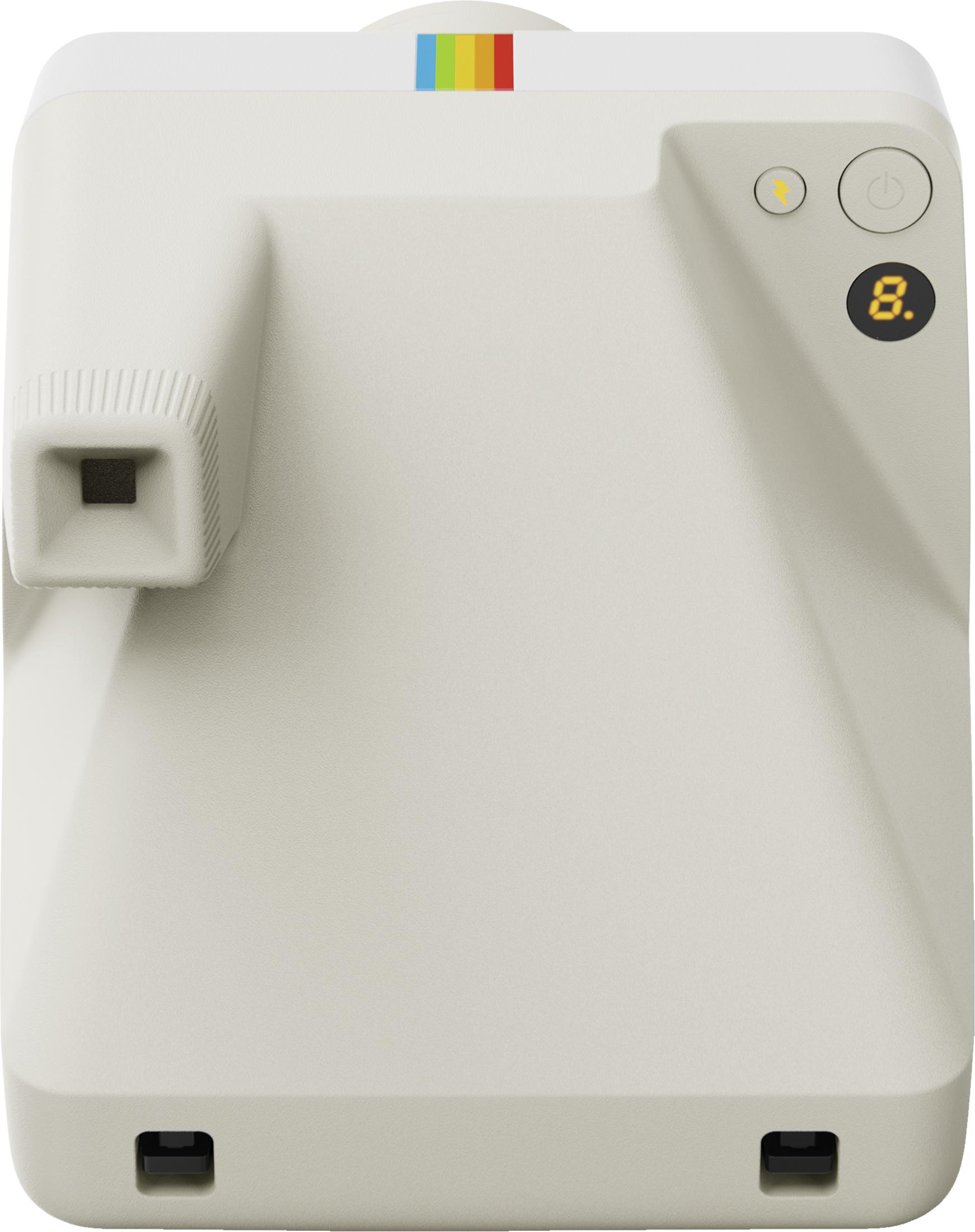 Un appareil photo Polaroid blanc avec un accent arc-en-ciel et un écran numérique.