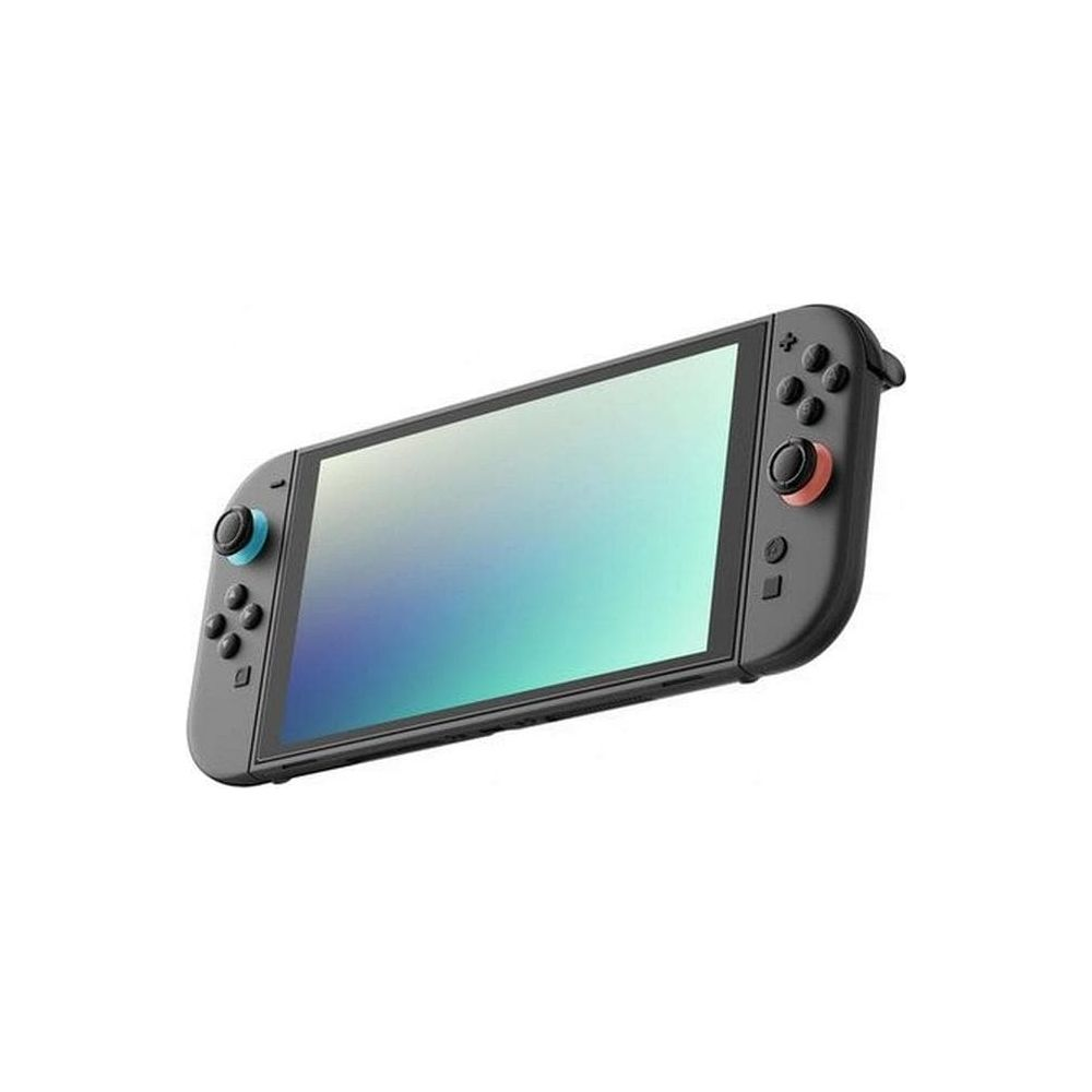 Una console Nintendo Switch grigia con joystick blu e rossi su sfondo bianco.