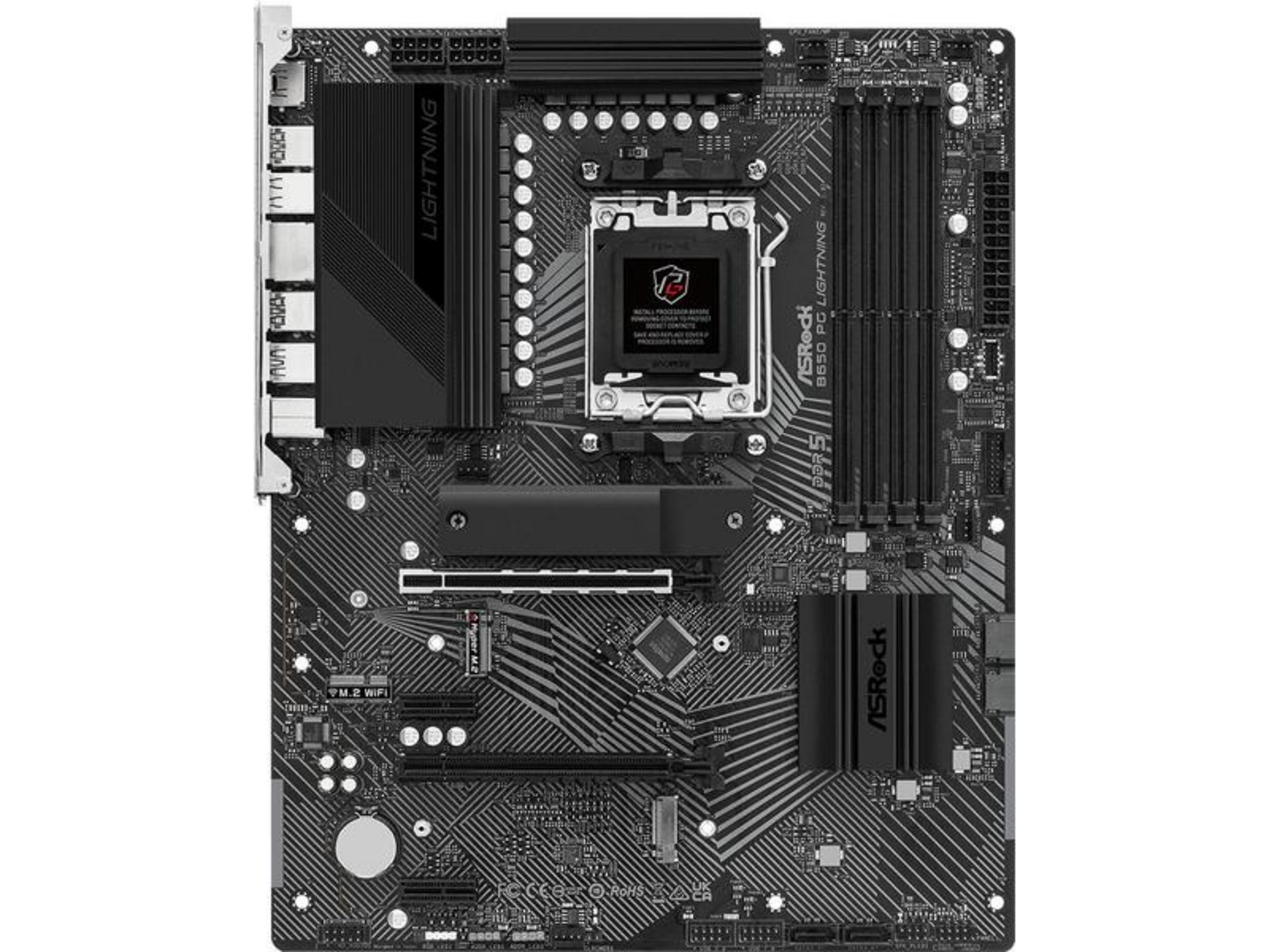 Płyta główna ASRock B650 PC Lightning z gniazdem CPU, slotami RAM i radiatorami.