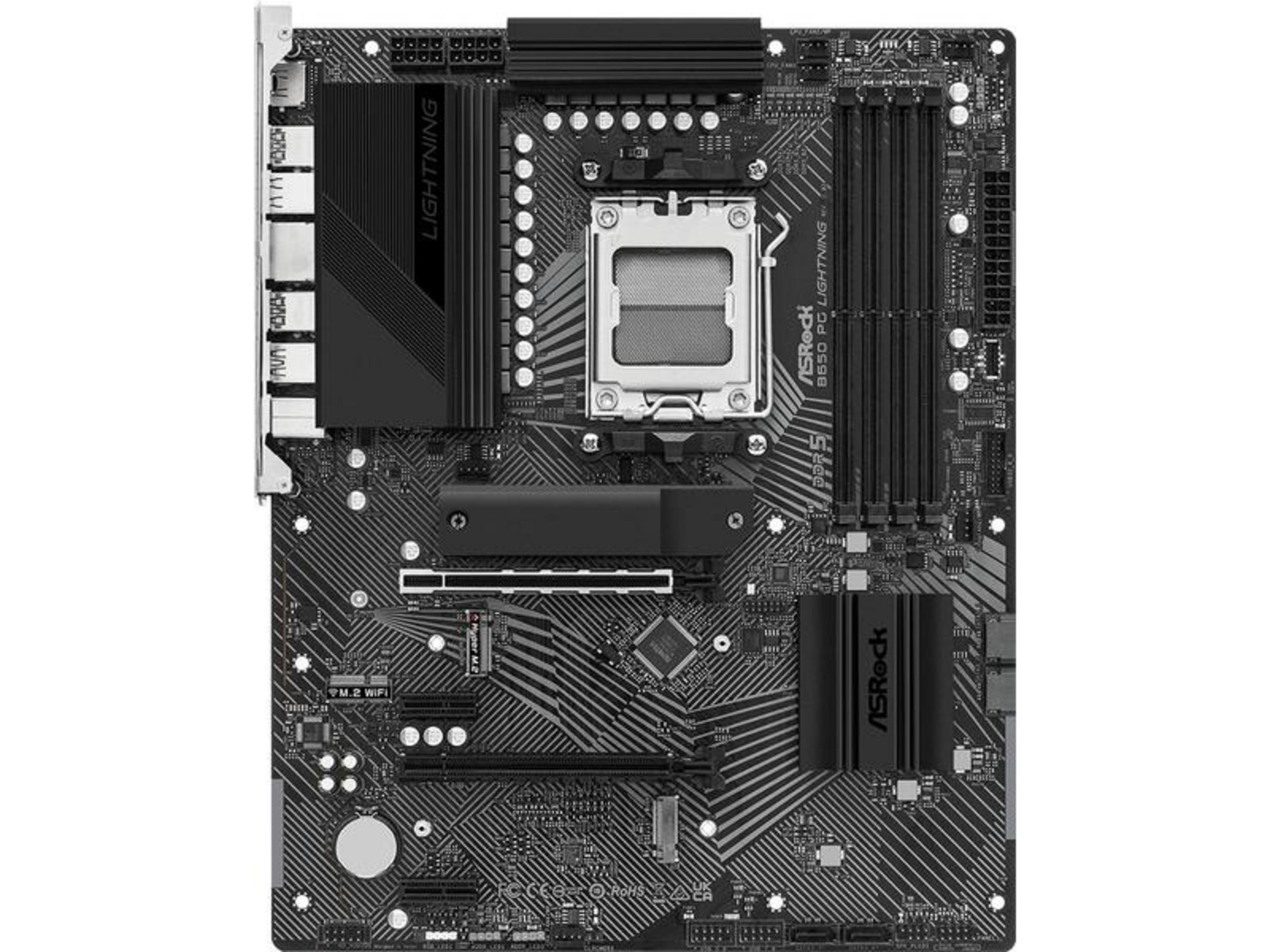 Płyta główna ASRock B650 PC Lightning z gniazdem CPU, slotami RAM i złączami.