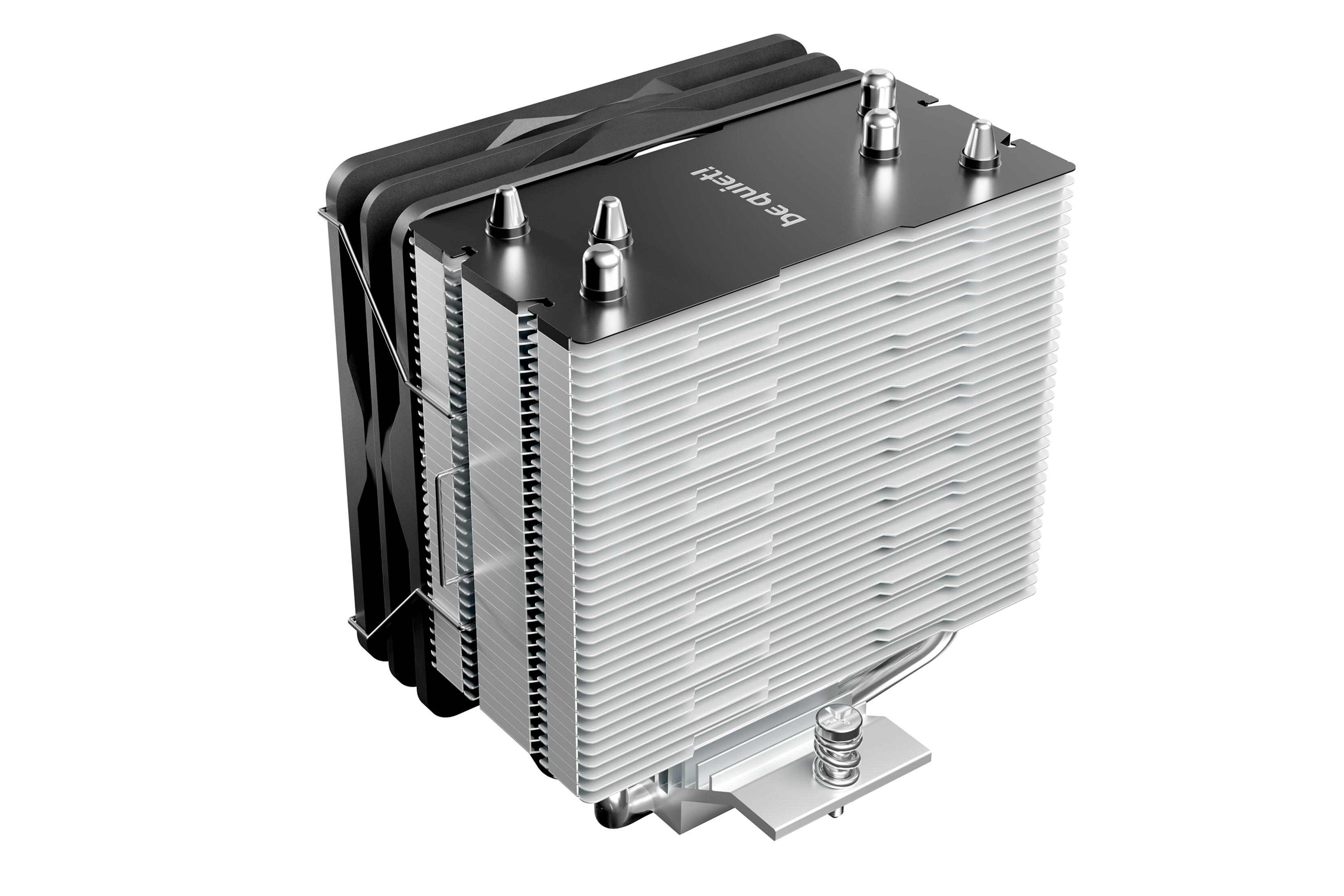 A silver CPU cooler with black fans and a black top plate.