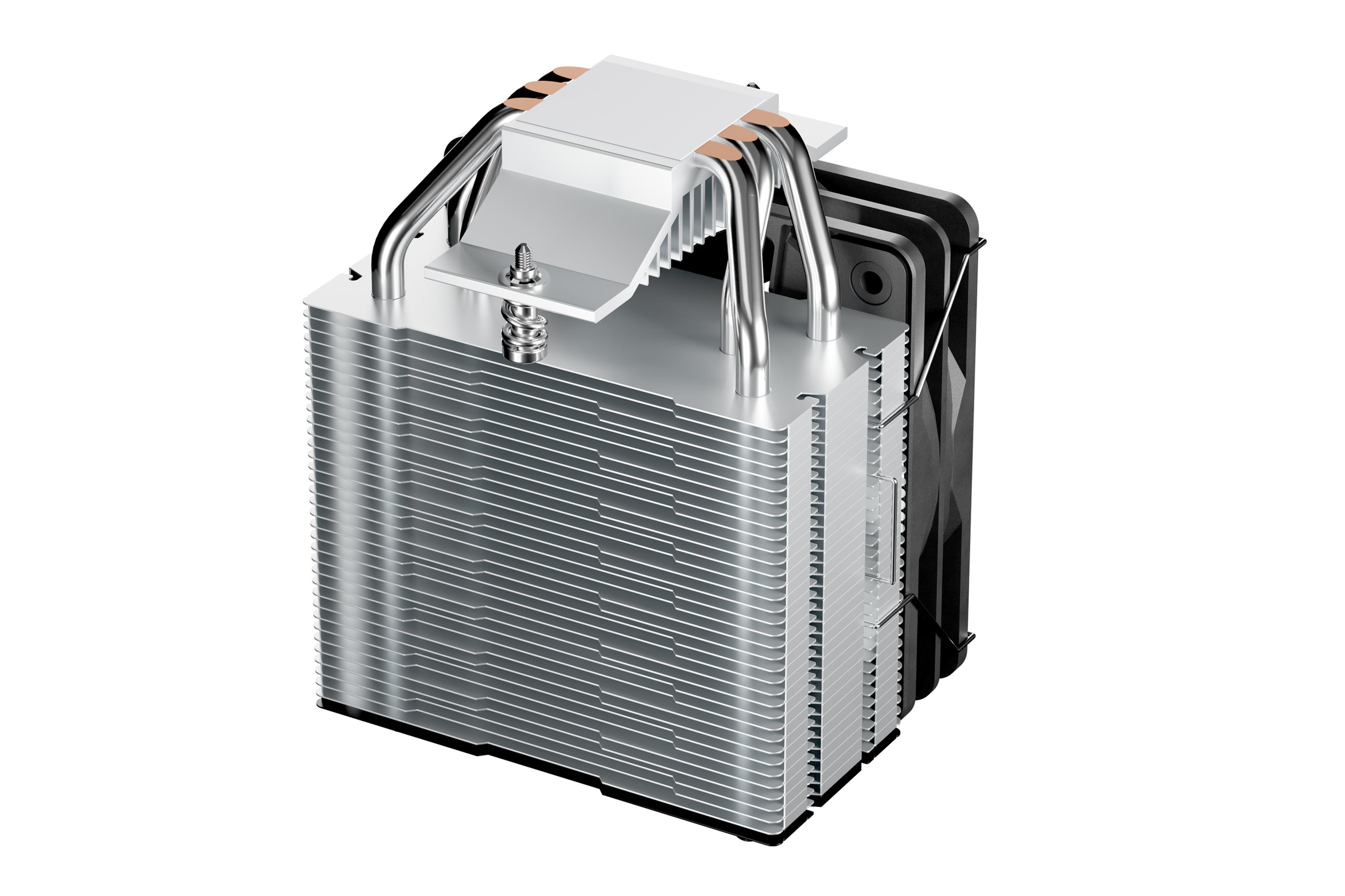 A silver CPU cooler with a fan and copper heat pipes.