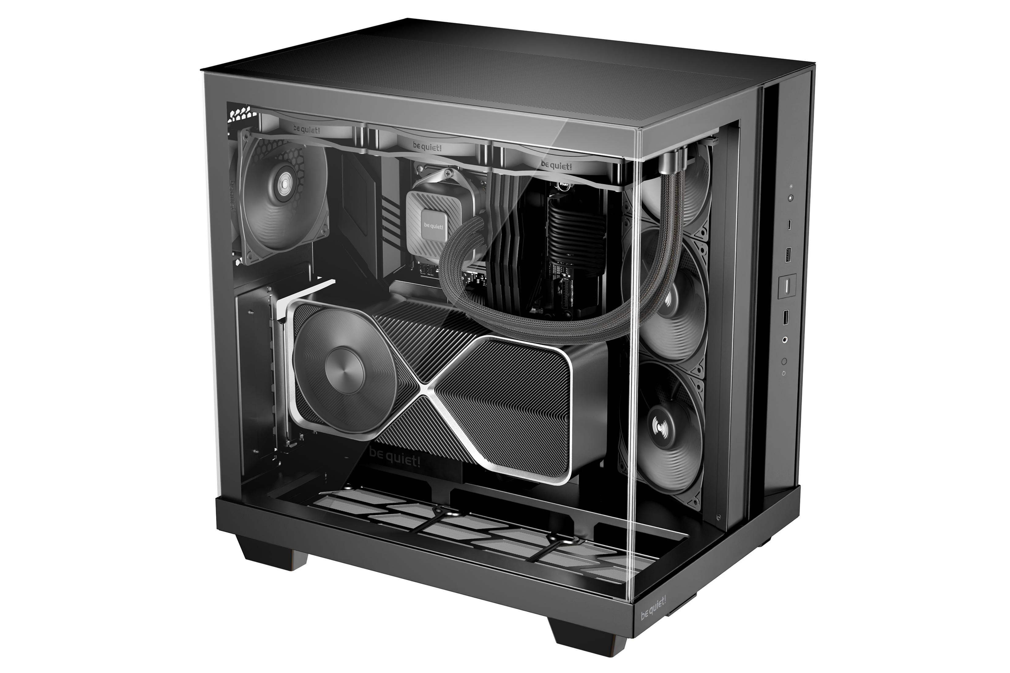 Un case PC nero con finestre in vetro mostra una scheda grafica, ventole e raffreddamento ad acqua.
