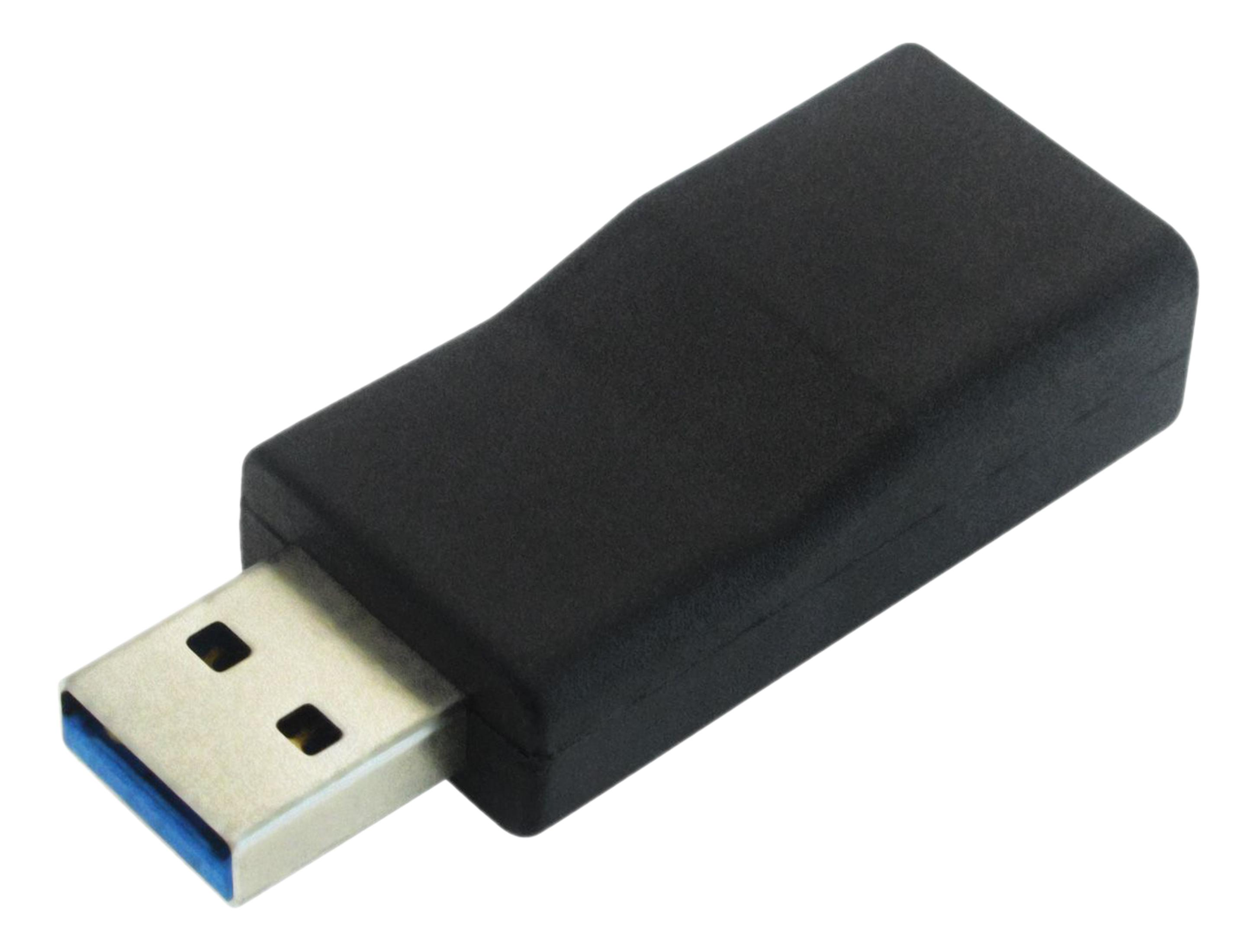 Adaptateur USB noir avec connecteur argenté et insert bleu.