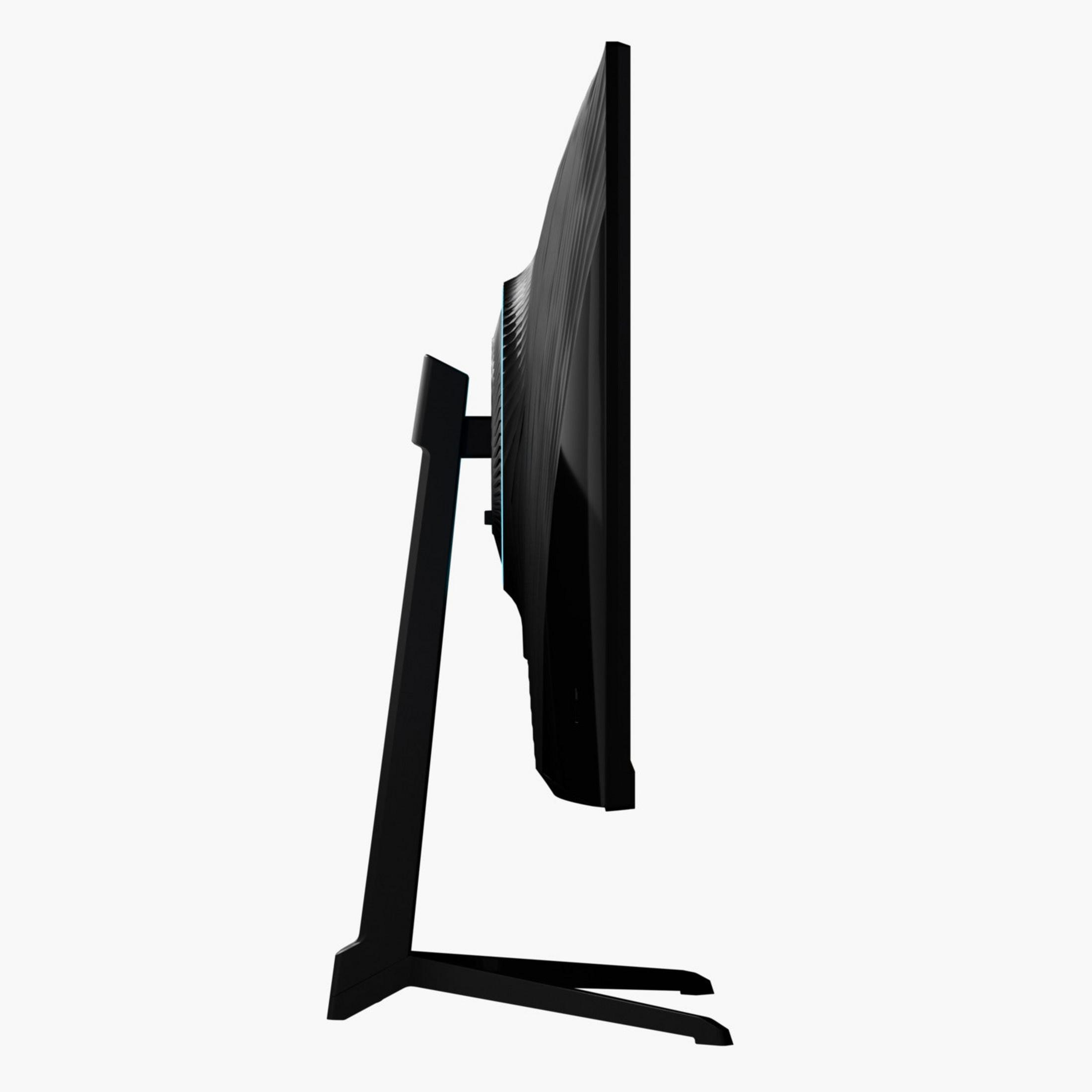 Czarny monitor komputerowy z profilu na smukłym stojaku.