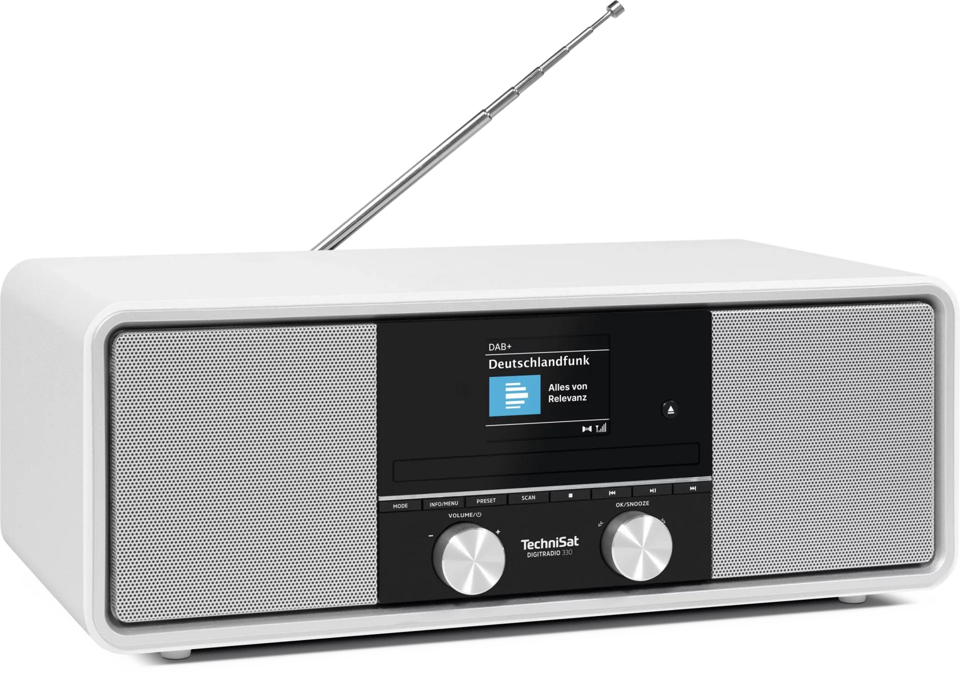 Une radio numérique TechniSat blanche avec antenne déployée et écran LCD.