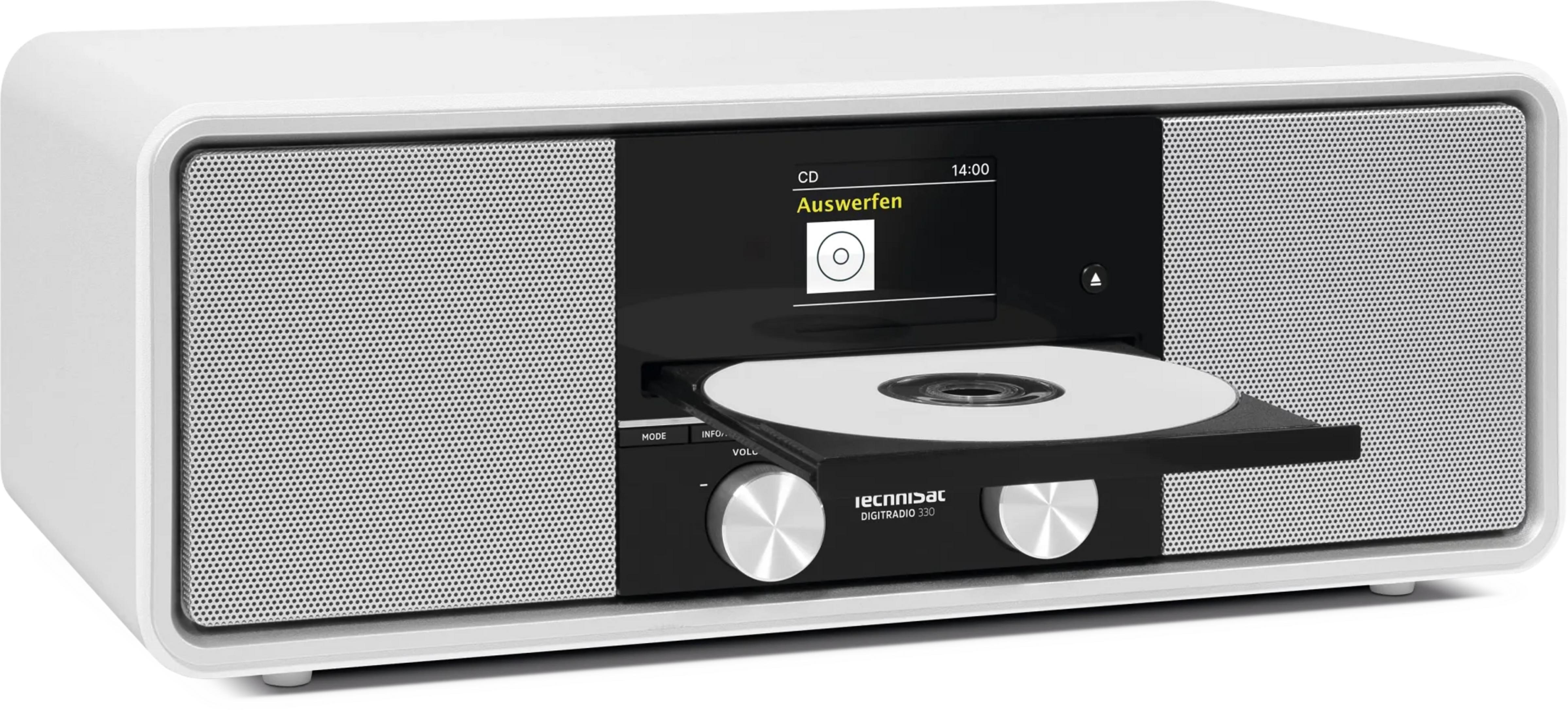 Une radio blanche avec tiroir CD et CD, affichant 