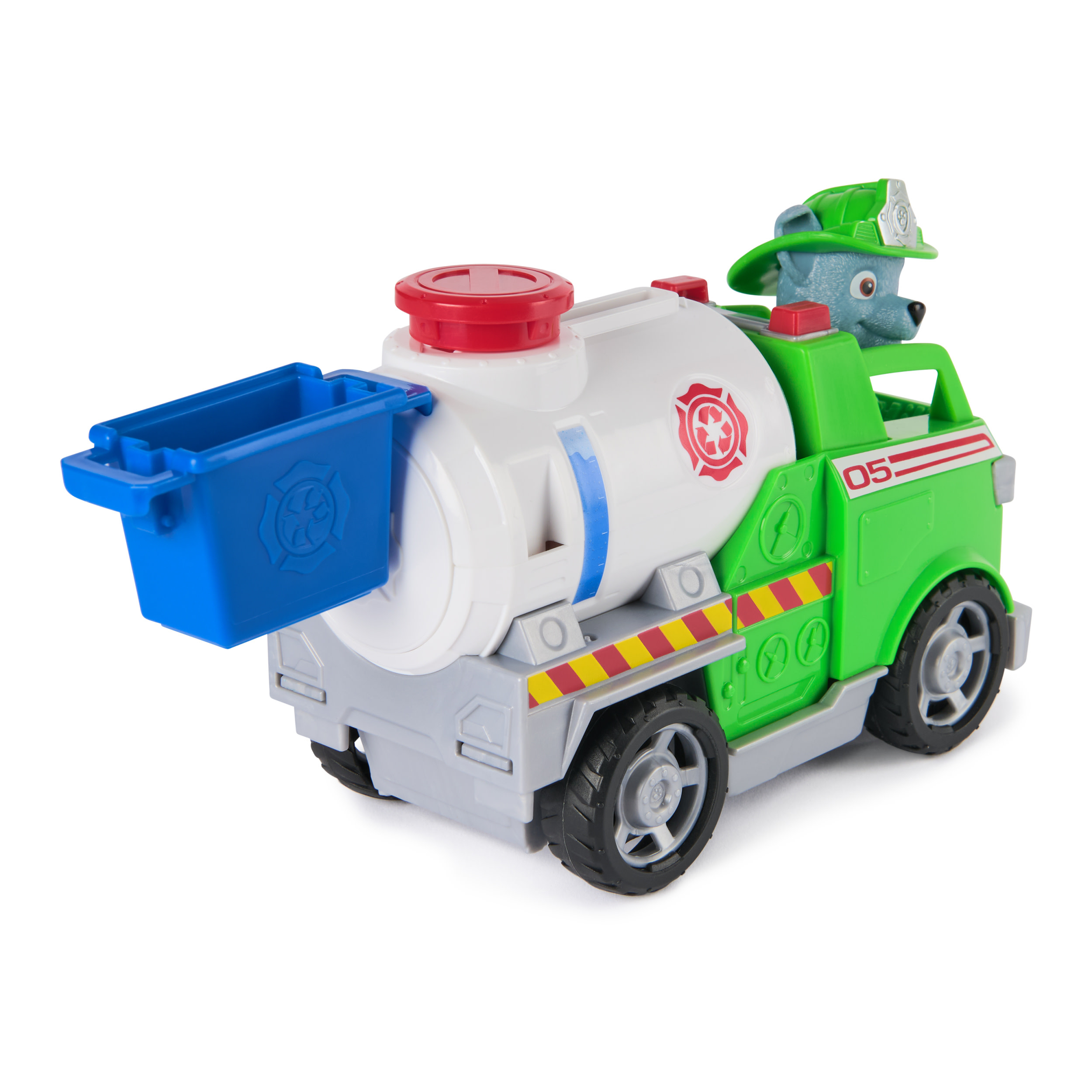Camion de pompiers jouet vert avec une benne bleue et un conducteur chien.