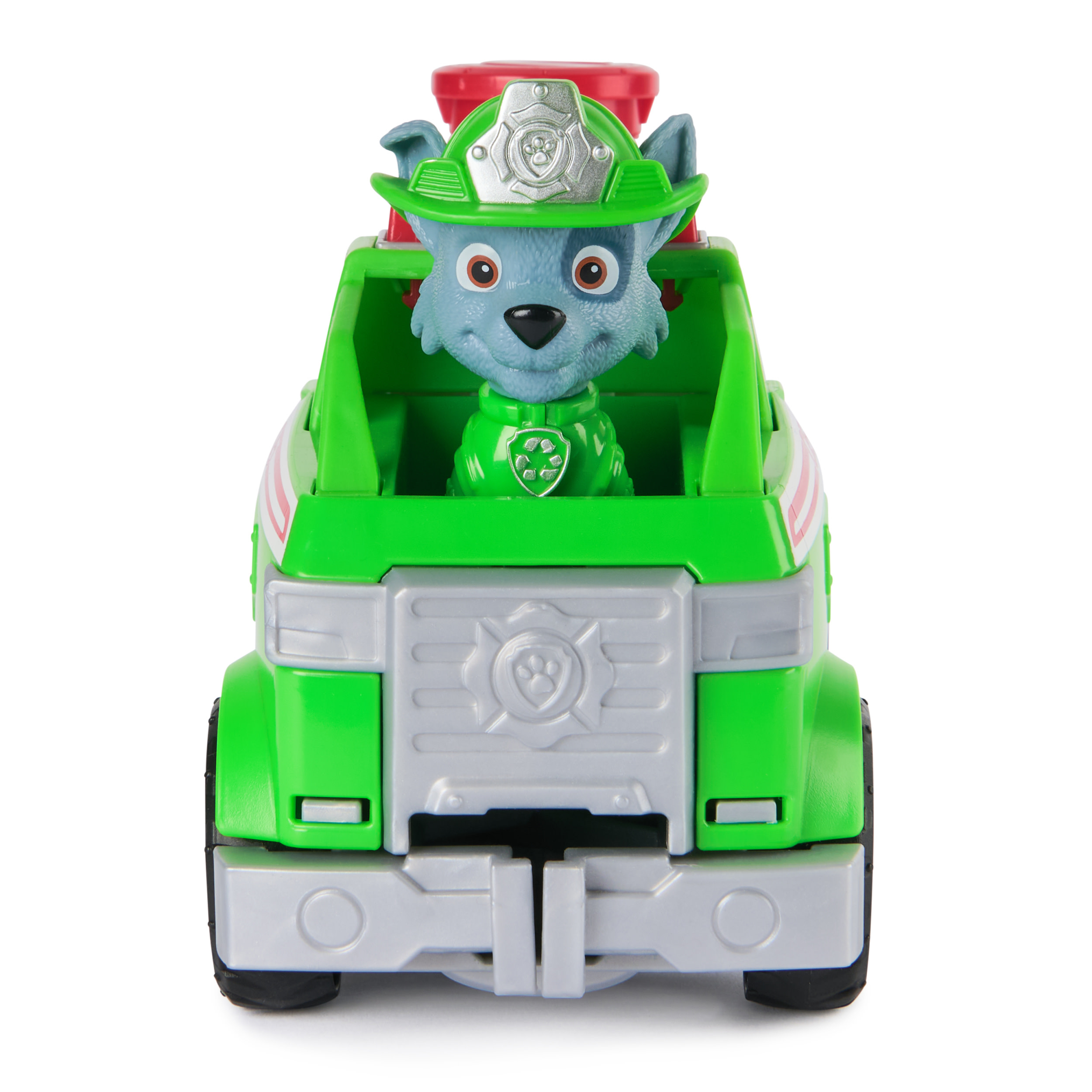 Un véhicule jouet vert avec un conducteur de dessin animé de chien bleu-gris en uniforme vert.