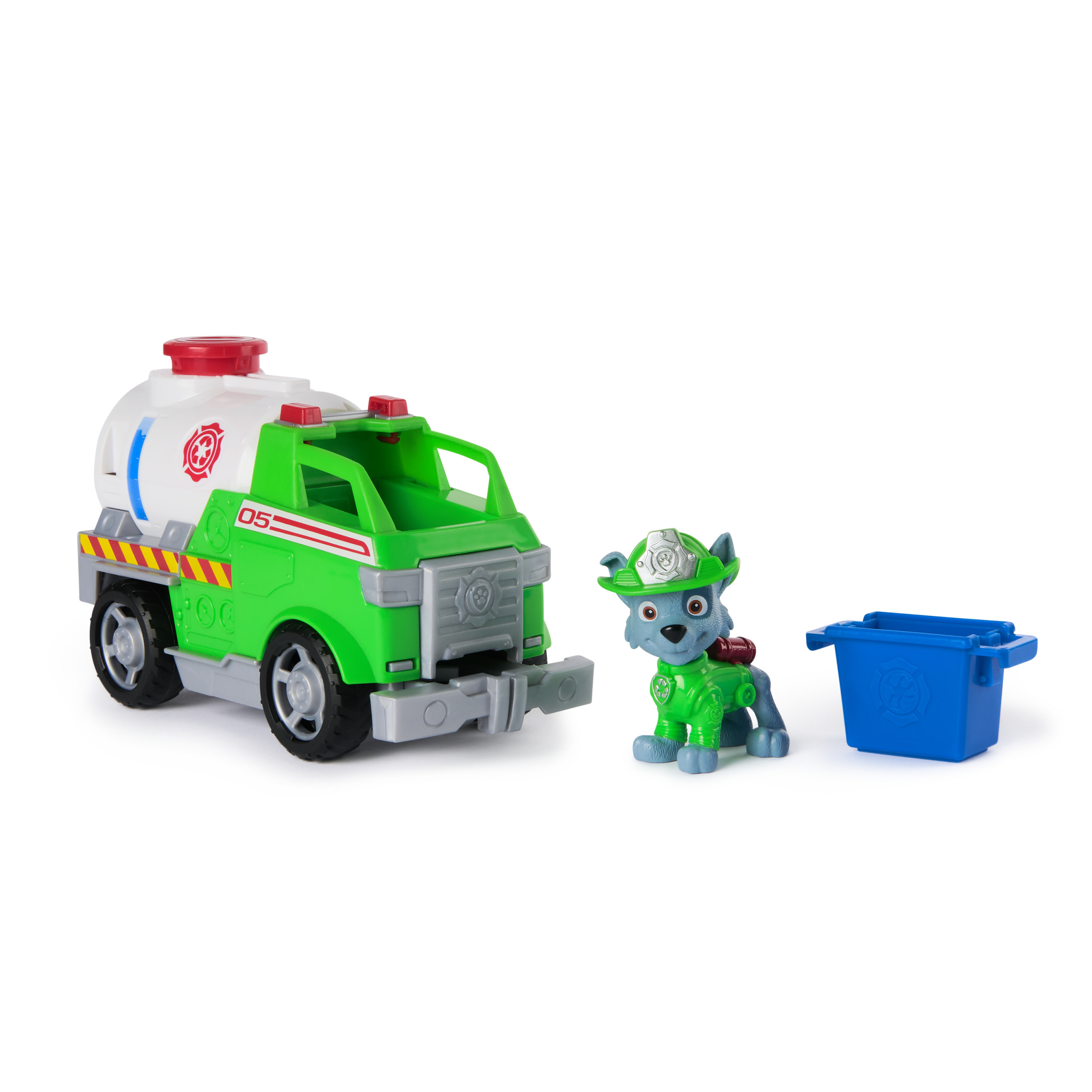 Un camion poubelle jouet vert avec un chien et une poubelle bleue.