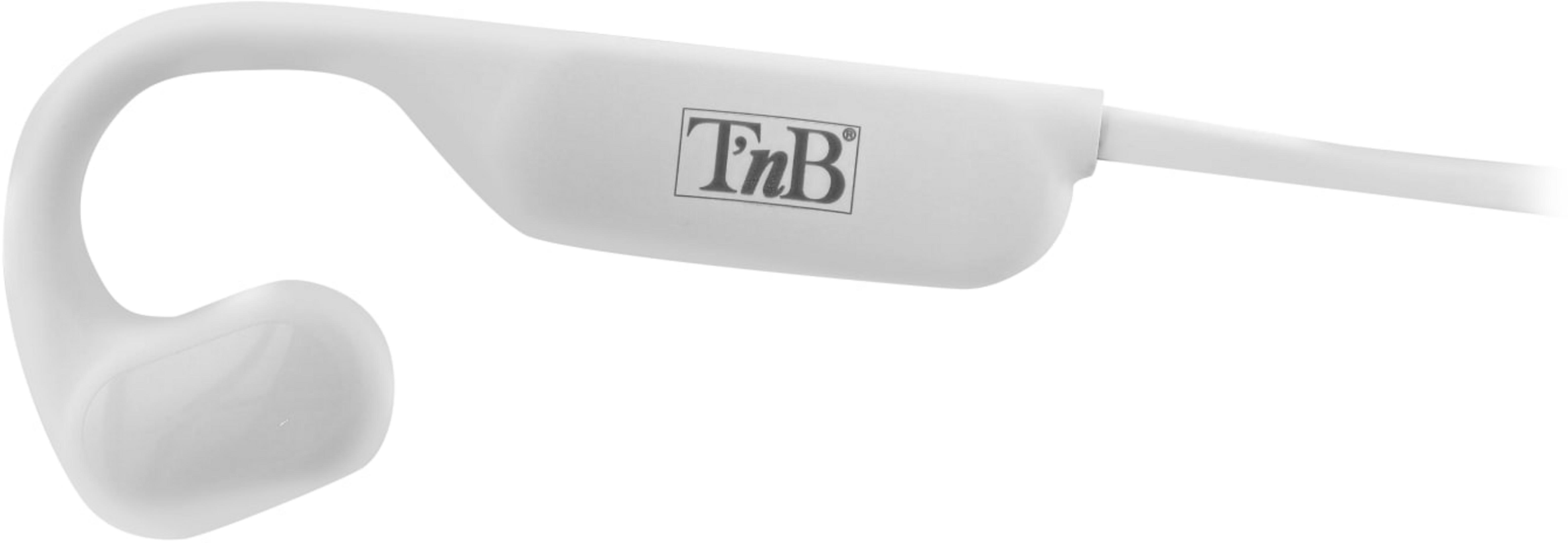 Un casque blanc à conduction osseuse avec le logo TnB.