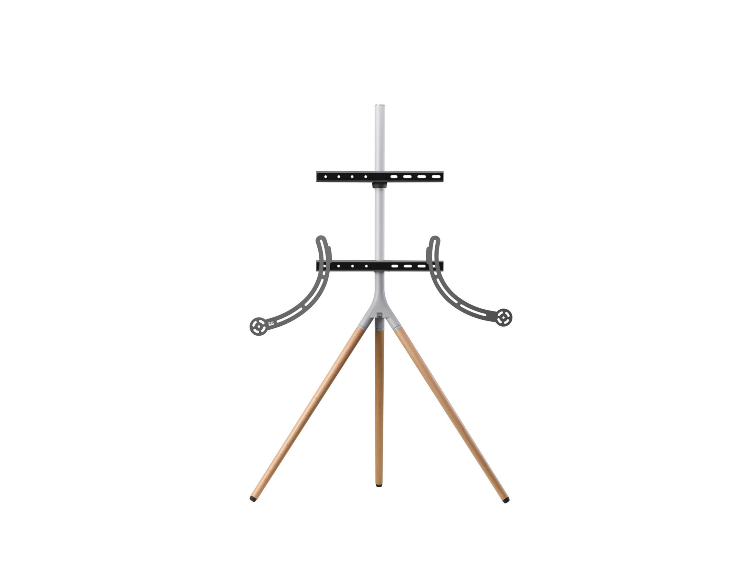 Support TV moderne avec base trépied en bois et supports réglables.