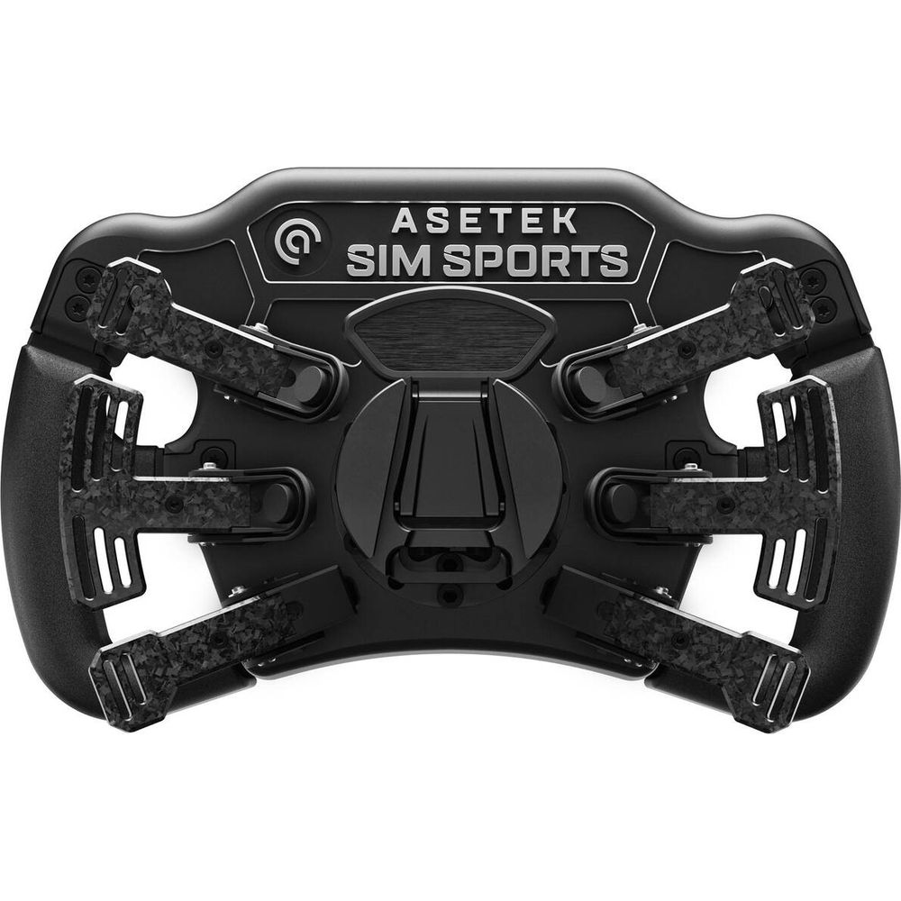 Schwarzes Asetek Sim Sports Lenkrad mit Carbon-Akzenten und zentralem Griff.