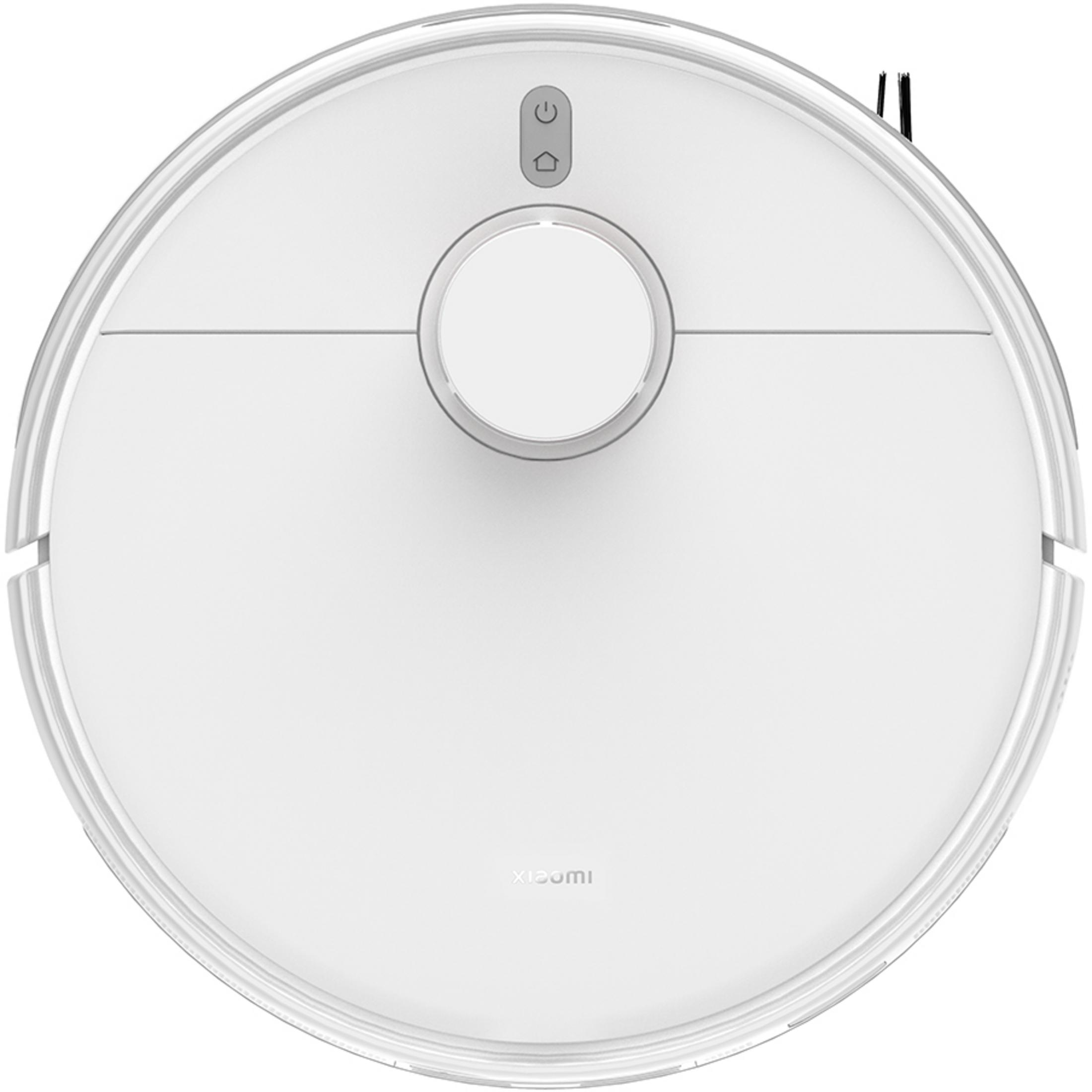 Een witte robotstofzuiger met oplaadindicator en aan/uitknop.