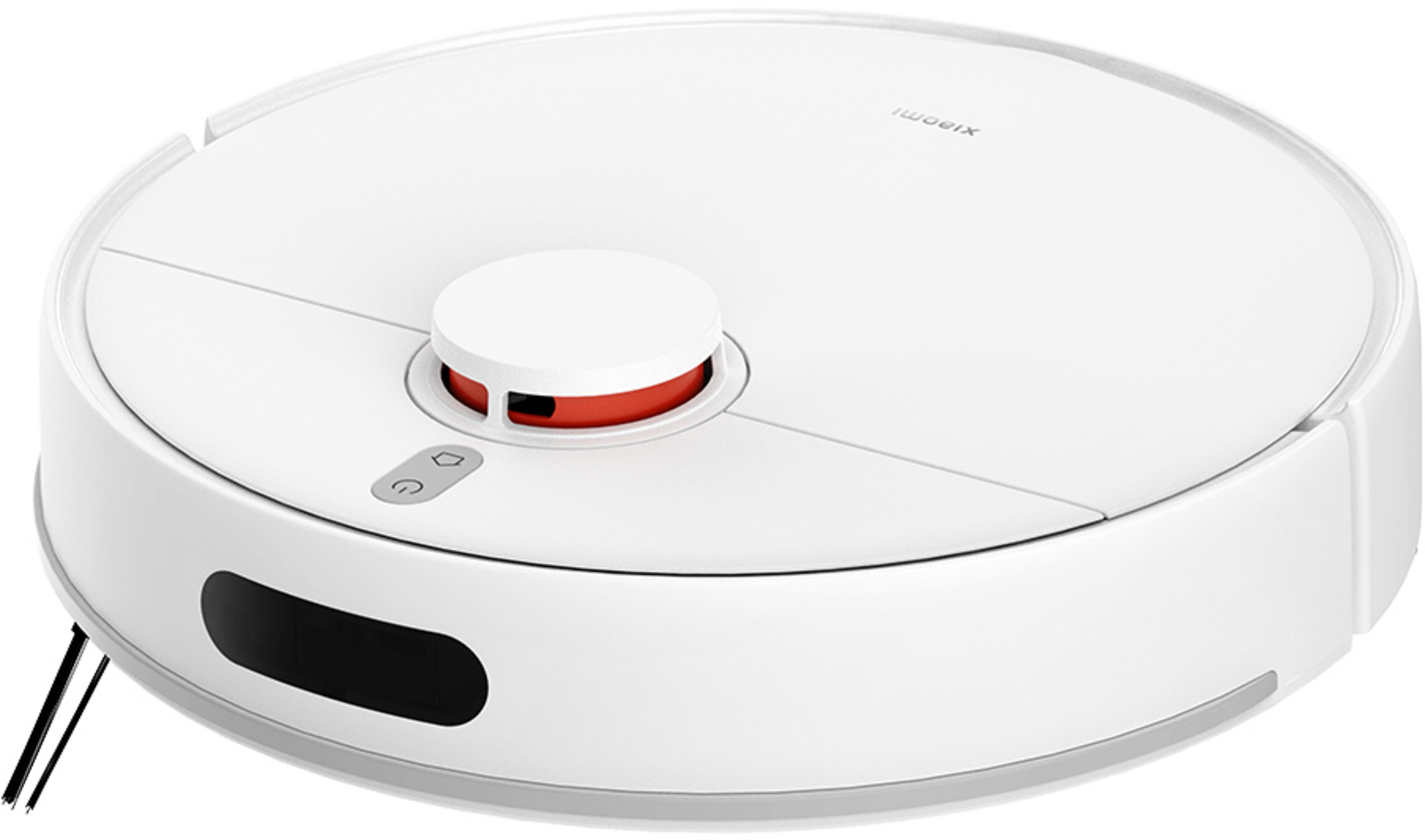 Een witte robotstofzuiger met rode accenten en borstels.