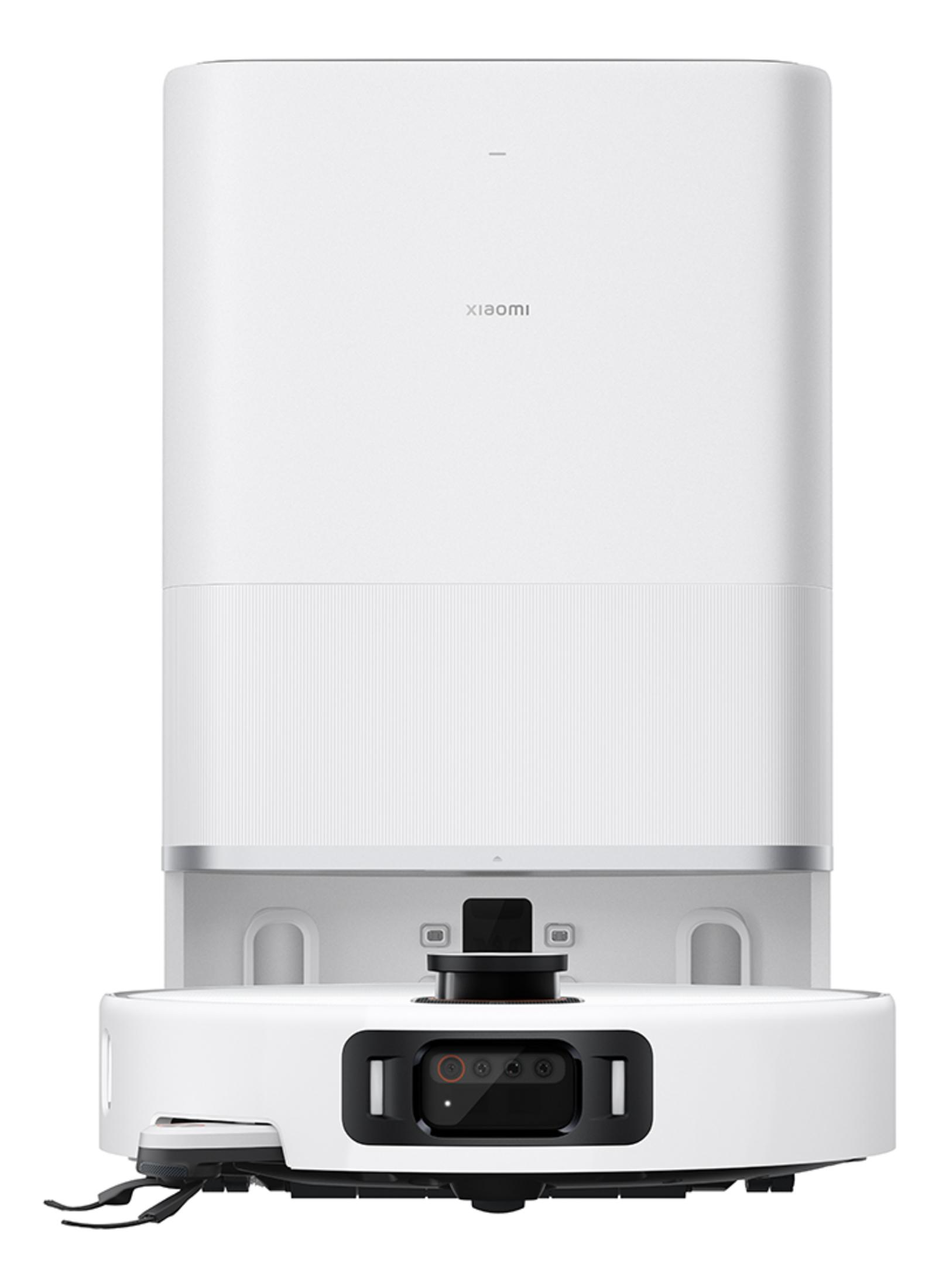 Biały robot sprzątający ze stacją ładującą. Zbliżenie na przednią część.