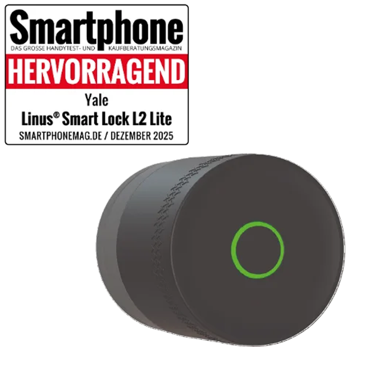 Czarna inteligentna blokada Yale Linus L2 Lite z zielonym pierścieniem na czarnym tle.