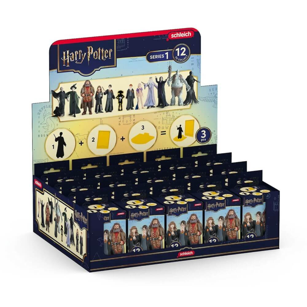 Display von Schleich Harry Potter Serie 1 Spielzeug mit Figuren und Verpackung.