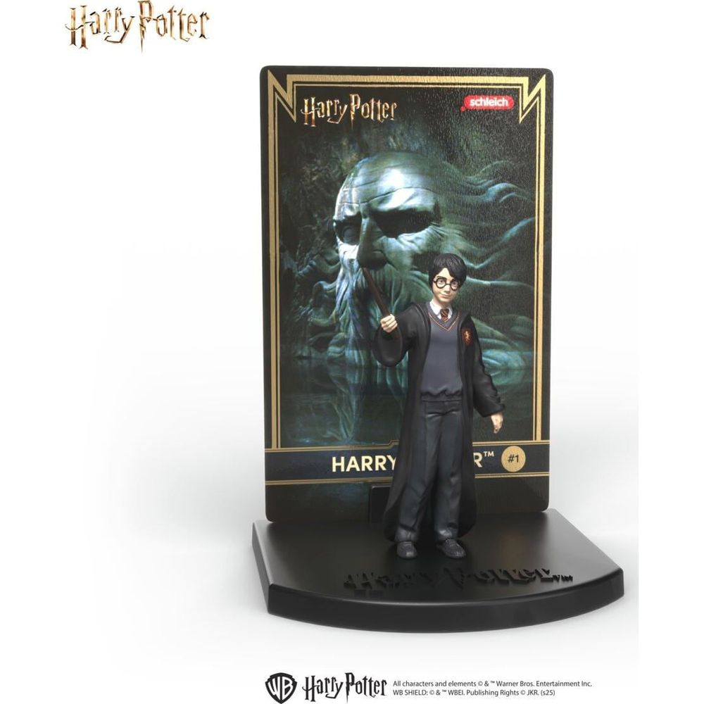 Harry Potter Figur mit Zauberstab vor Hintergrundkarte mit einem Gesicht.