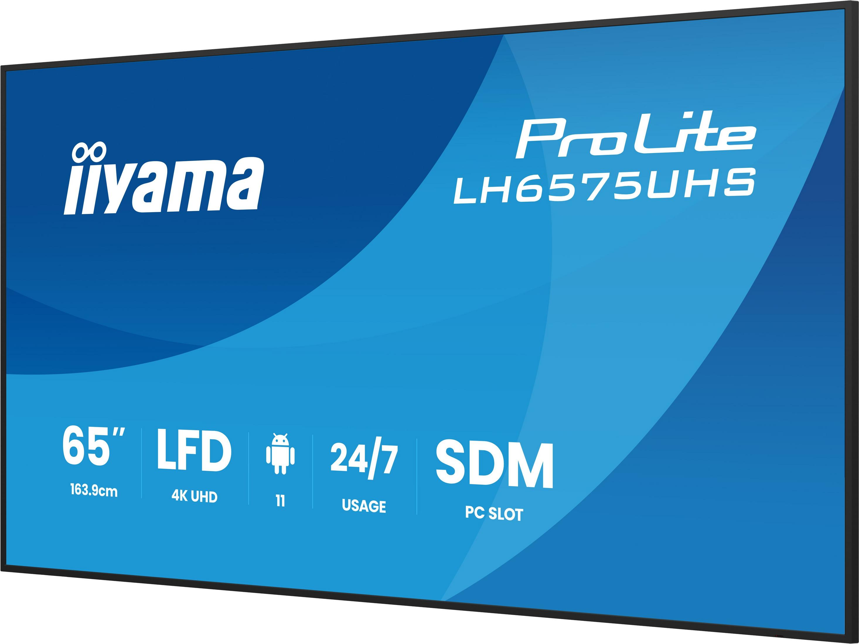 A 65-inch iiyama ProLite display featuring 4K UHD resolution and SDM PC slot.