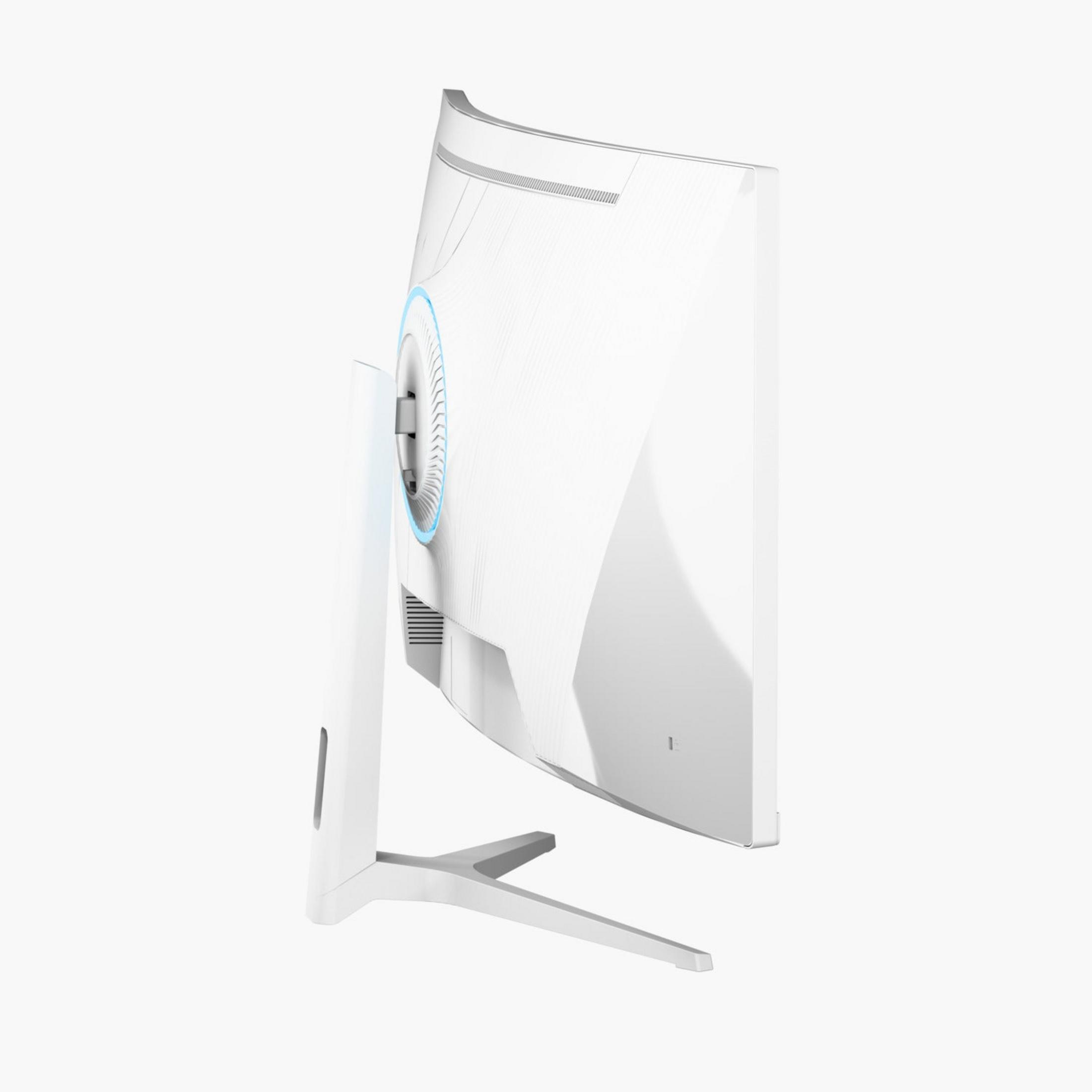 Biały, zakrzywiony monitor z niebieskim pierścieniem świetlnym i stojakiem w kształcie litery Y.
