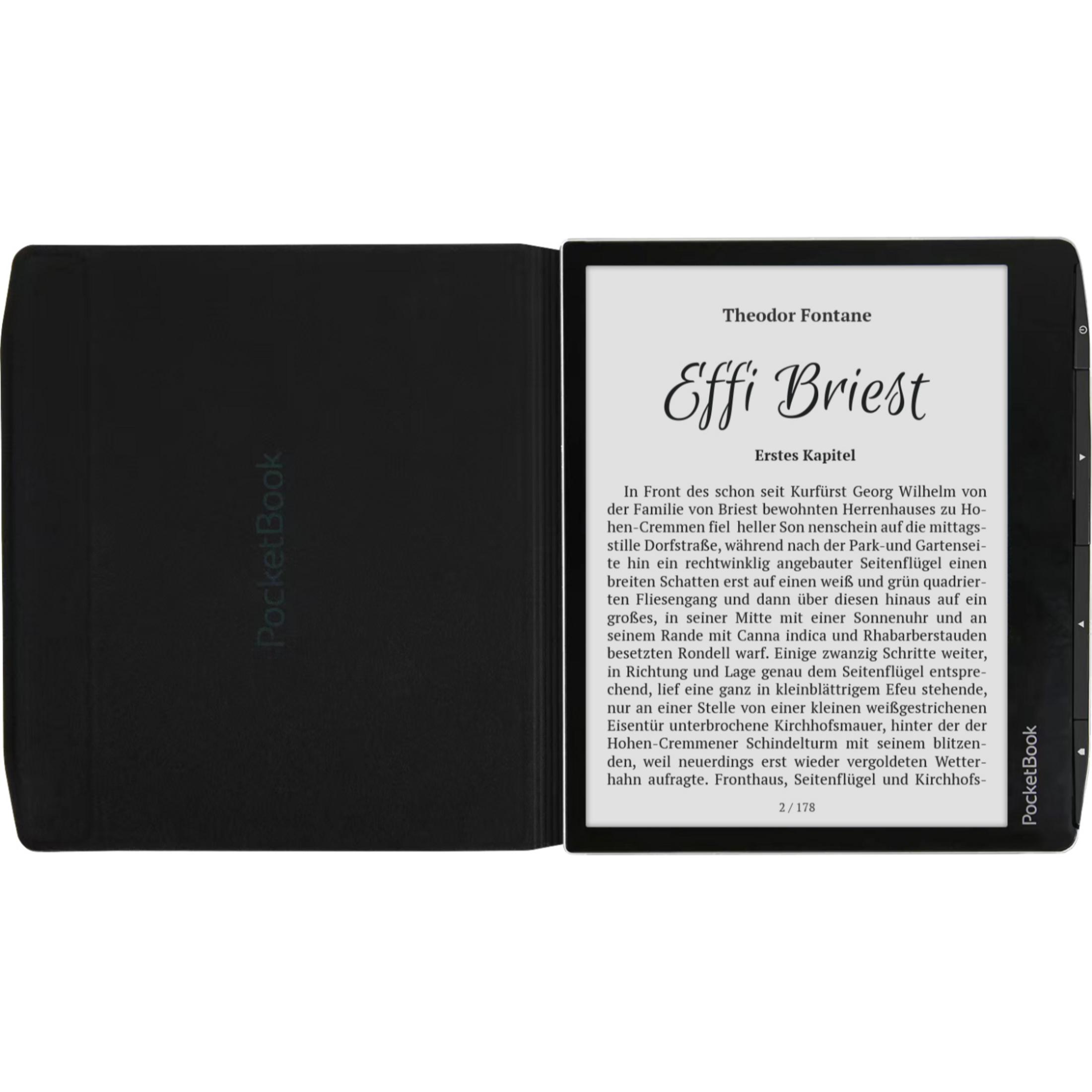 Un e-reader negro que muestra el libro Effi Briest de Theodor Fontane en su pantalla.