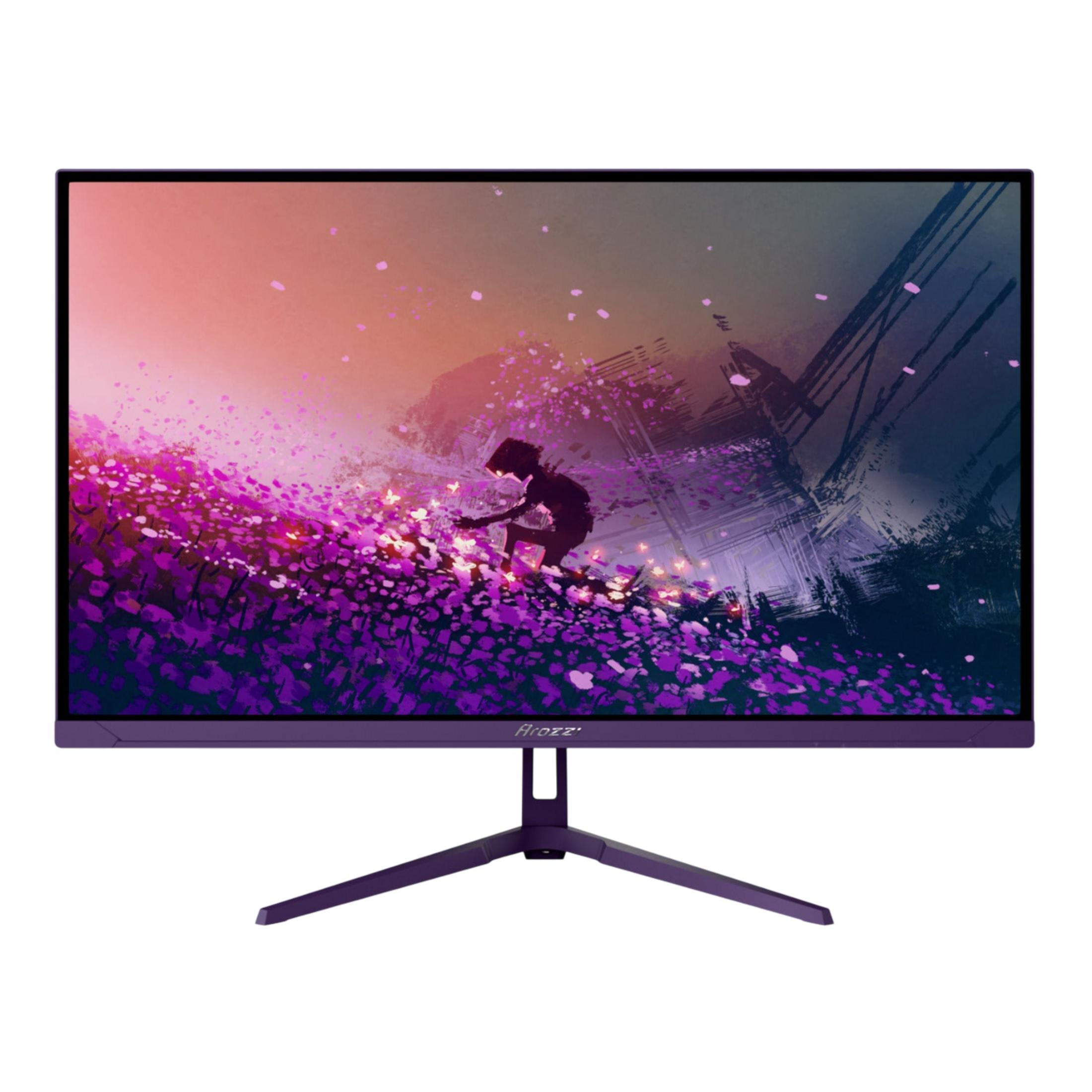 Fioletowy monitor wyświetla cyfrowy obraz sylwetki na polu fioletowych kwiatów.