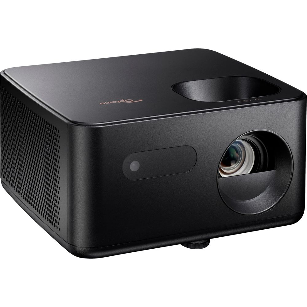 Un projecteur Optoma noir avec une lentille et une grille de ventilation.