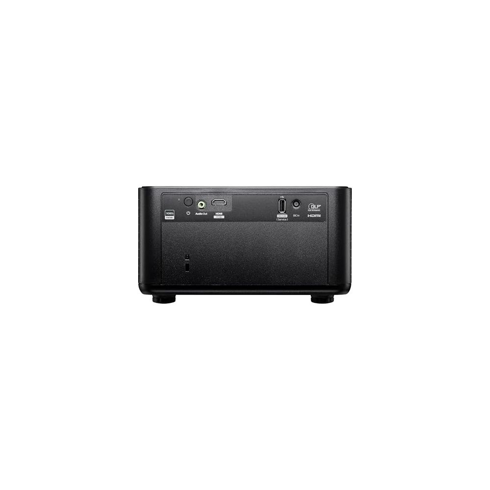 Arrière d'un projecteur noir avec ports : HDMI, entrée CC, USB, sortie audio.