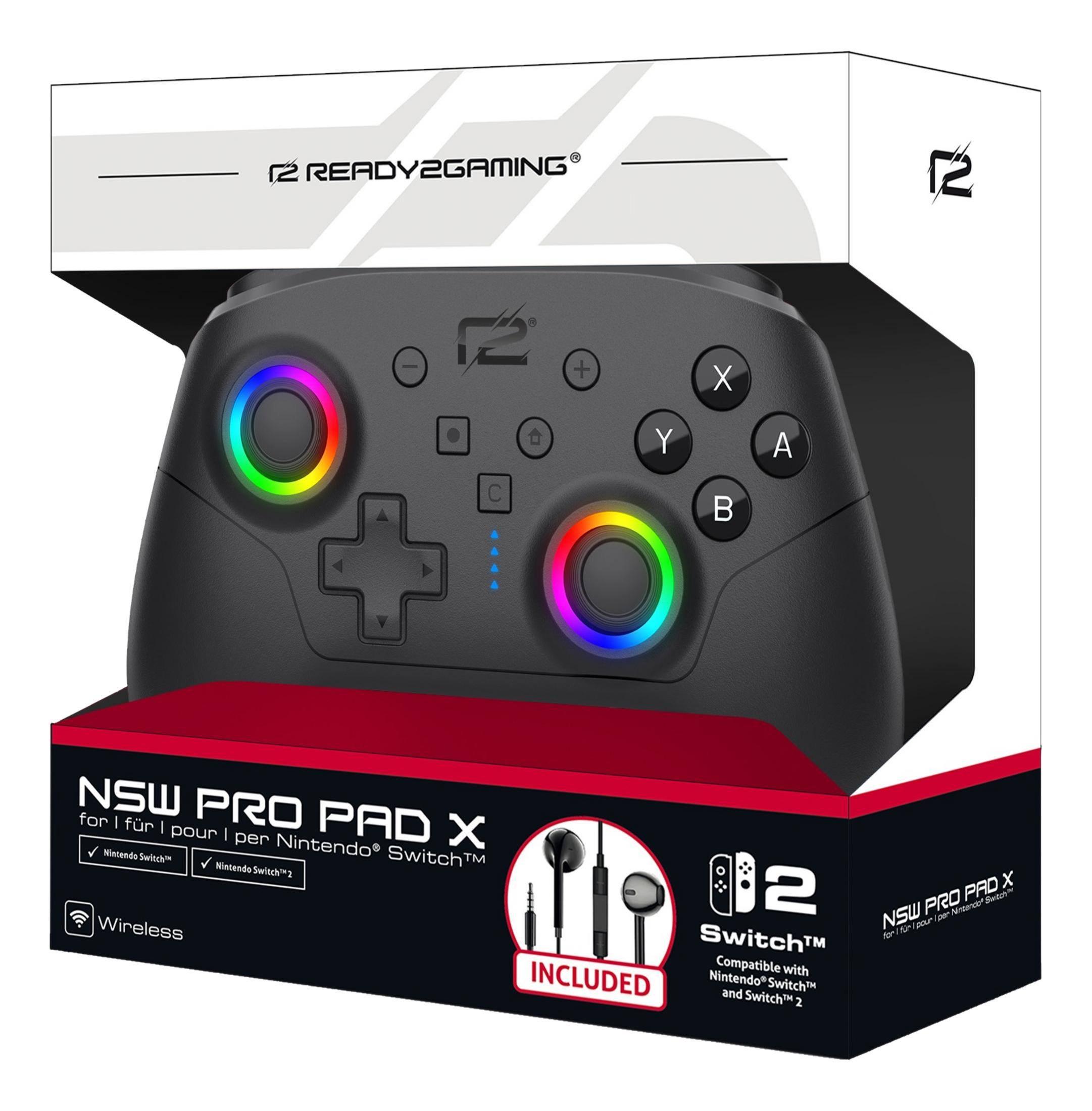 Ein schwarzer Nintendo Switch Pro Controller mit bunten LEDs auf der Verpackung.