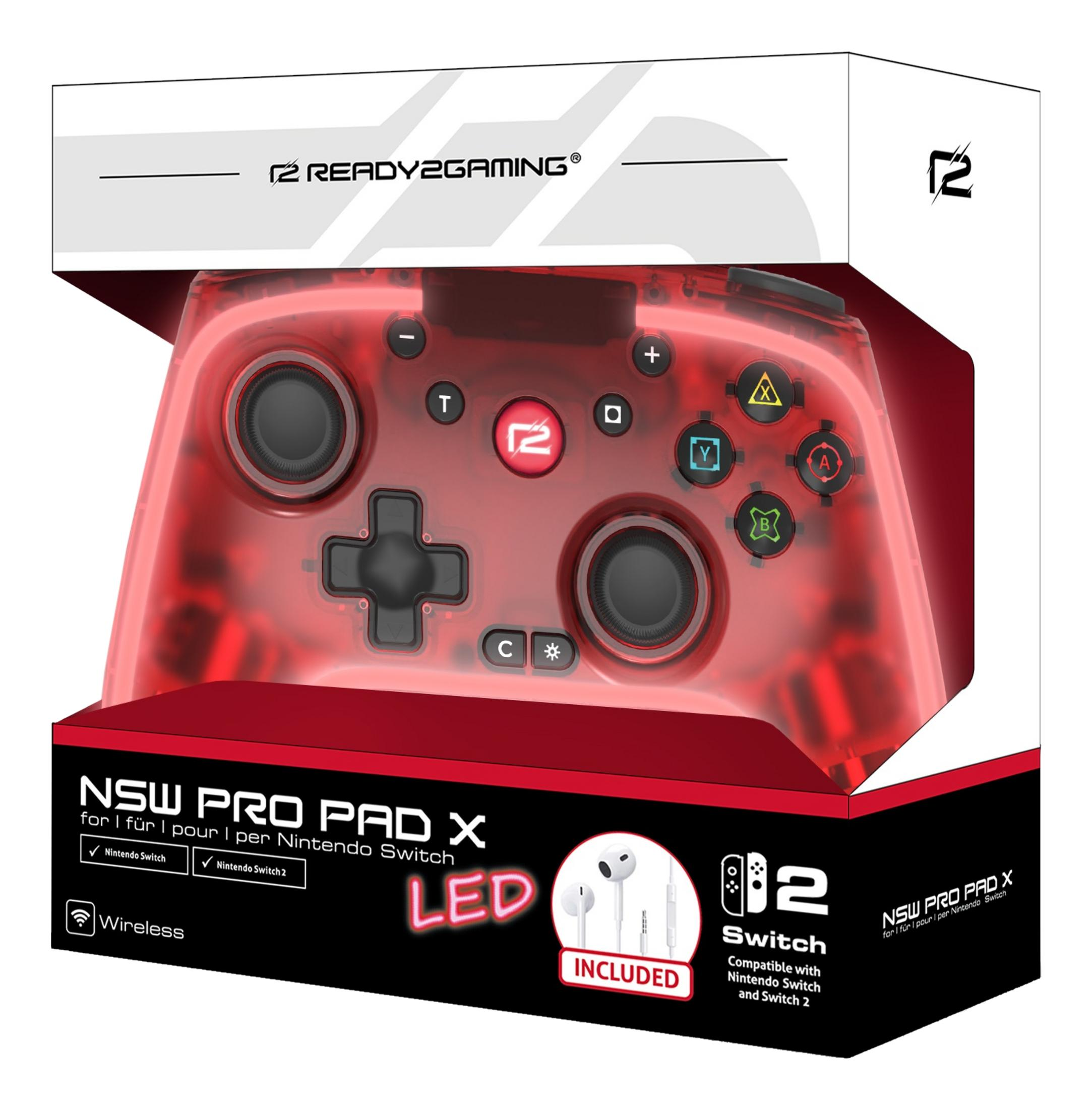 Transparenter roter Nintendo Switch Controller in Verpackung mit Beschriftung.