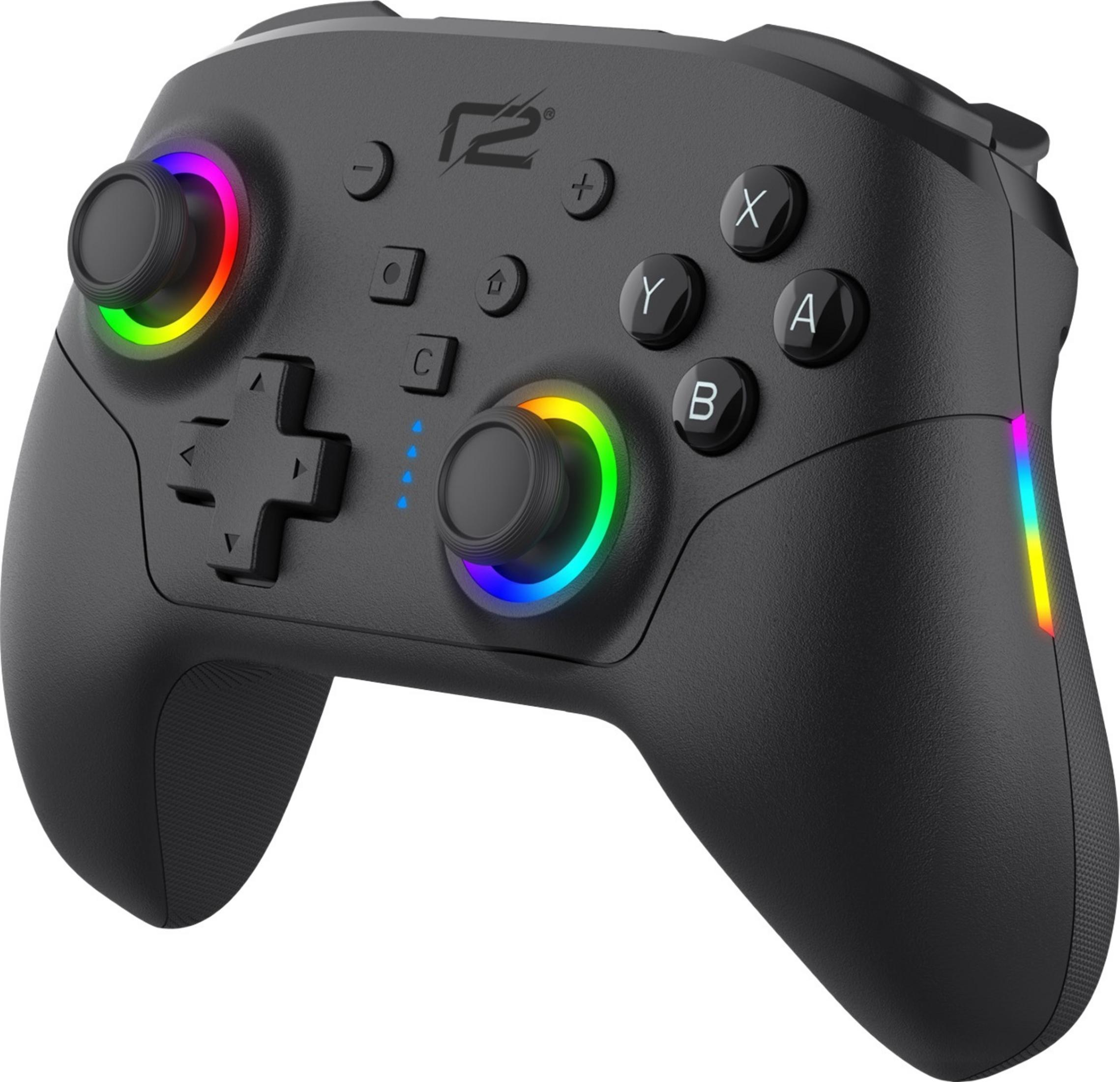 Schwarzer Gaming-Controller mit bunten RGB-Akzenten an den Sticks und Seiten.