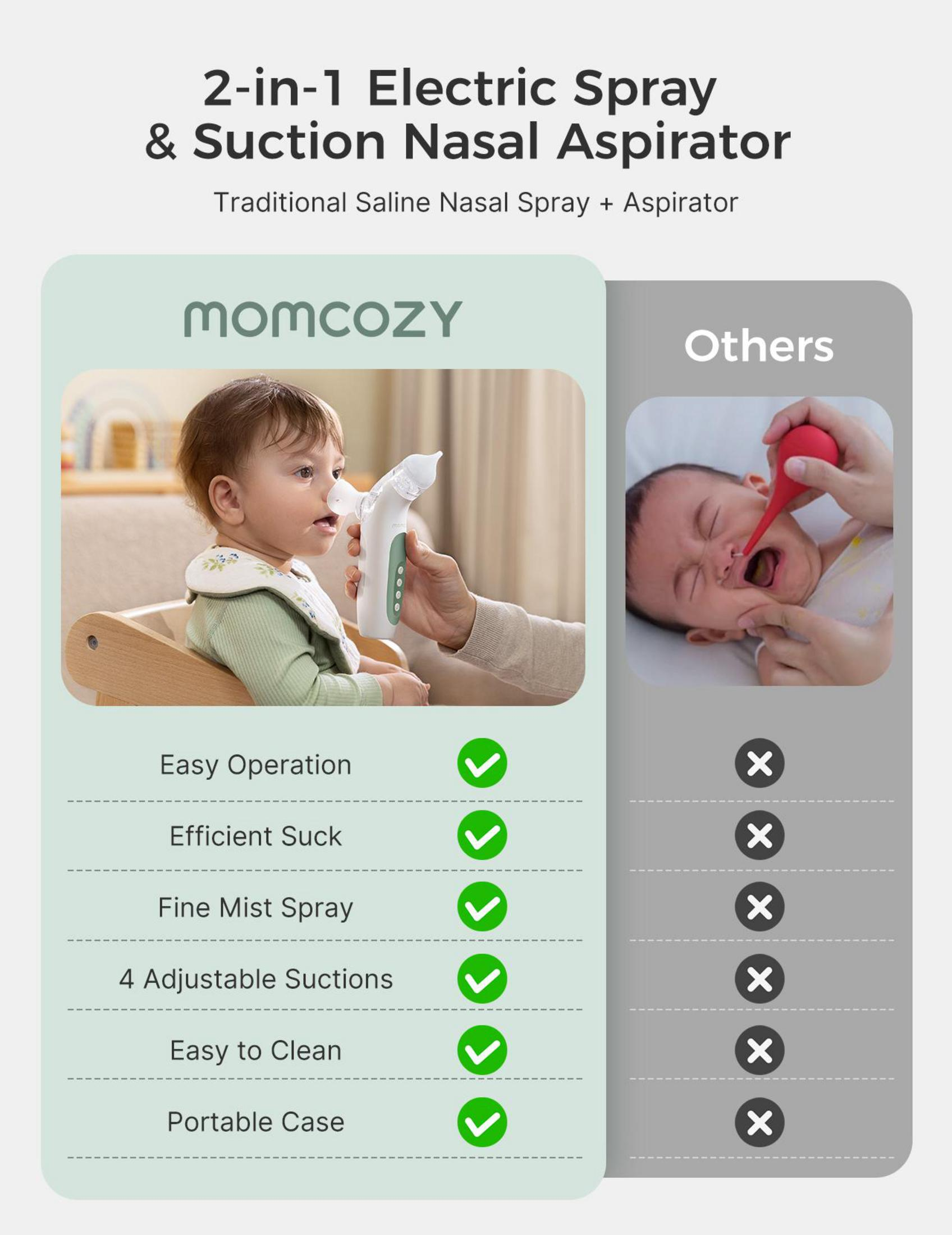 Baby mit Nasensauger von Momcozy im Vergleich zu traditionellen Geräten.