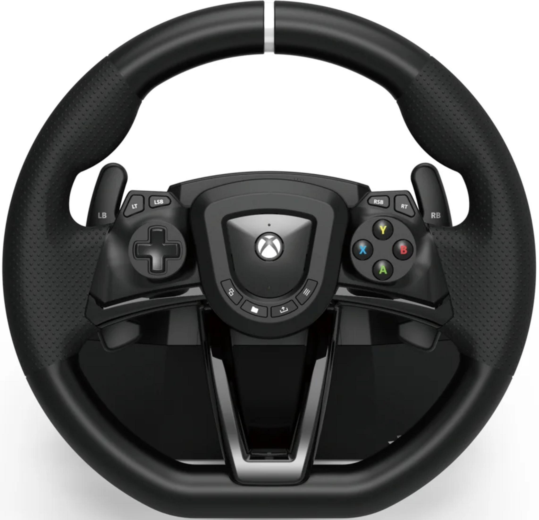 Czarna kierownica do gier z przyciskami Xbox i D-pad.