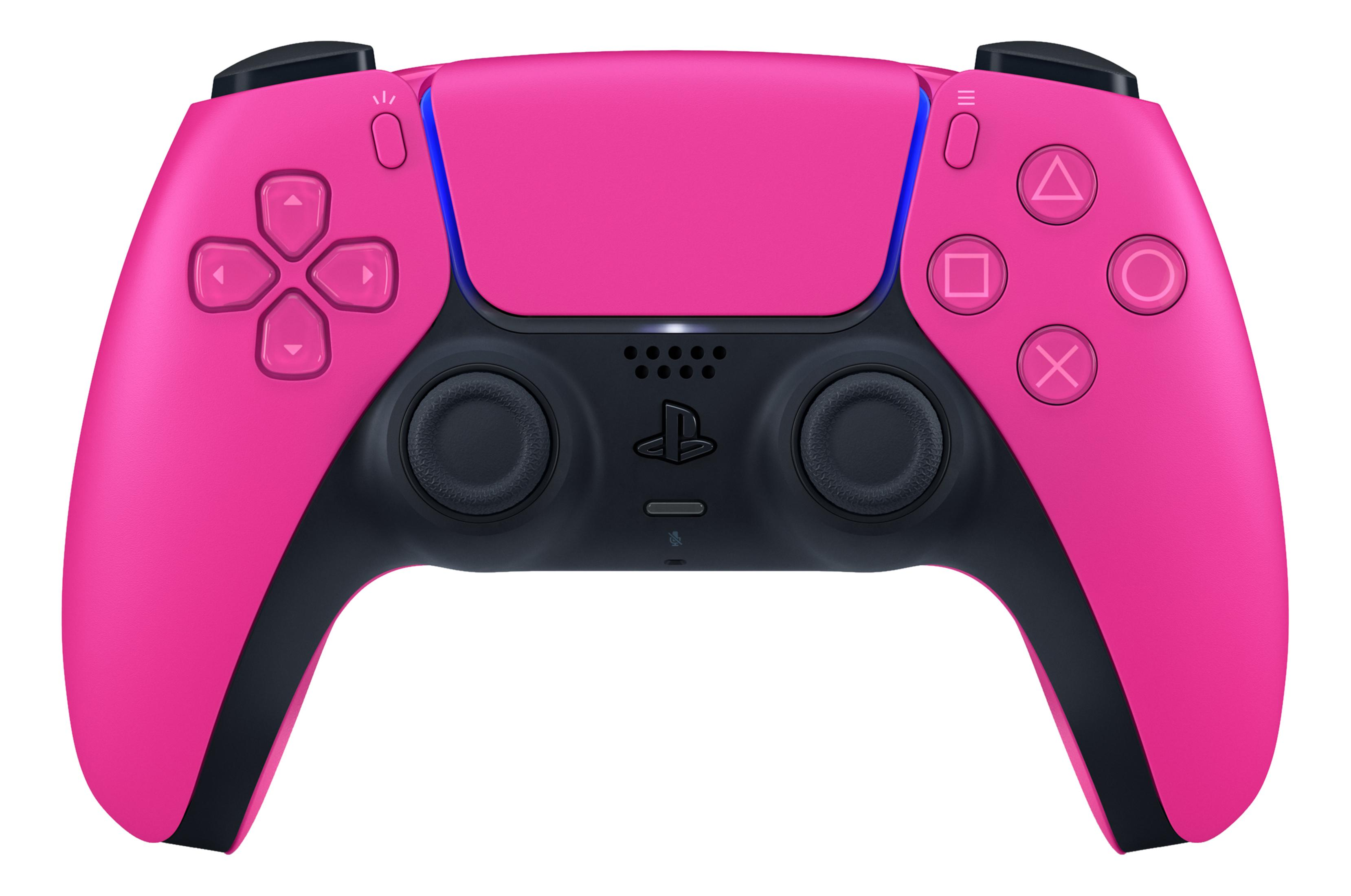Een roze controller met zwarte accenten en blauwe verlichting.
