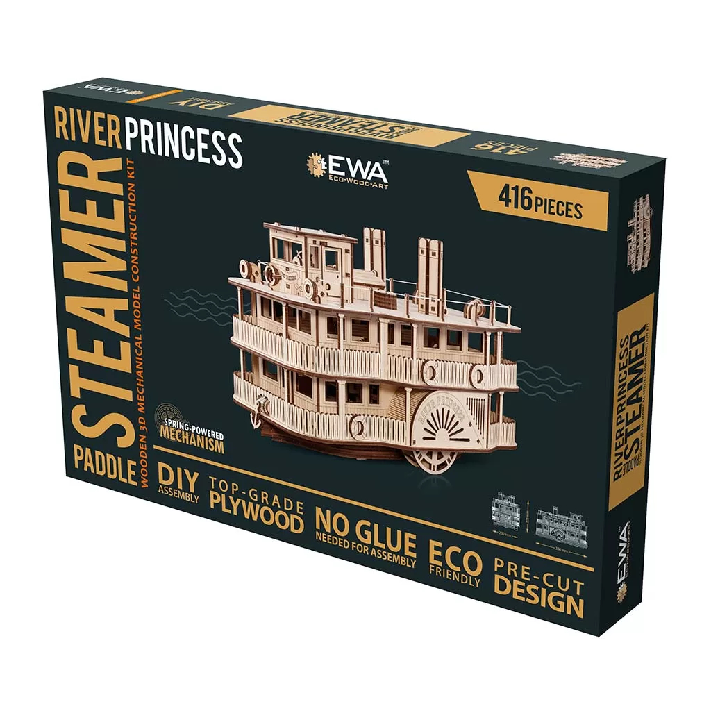 Verpackung eines Holzmodellbausatzes eines Dampfschiffs mit 416 Teilen.
