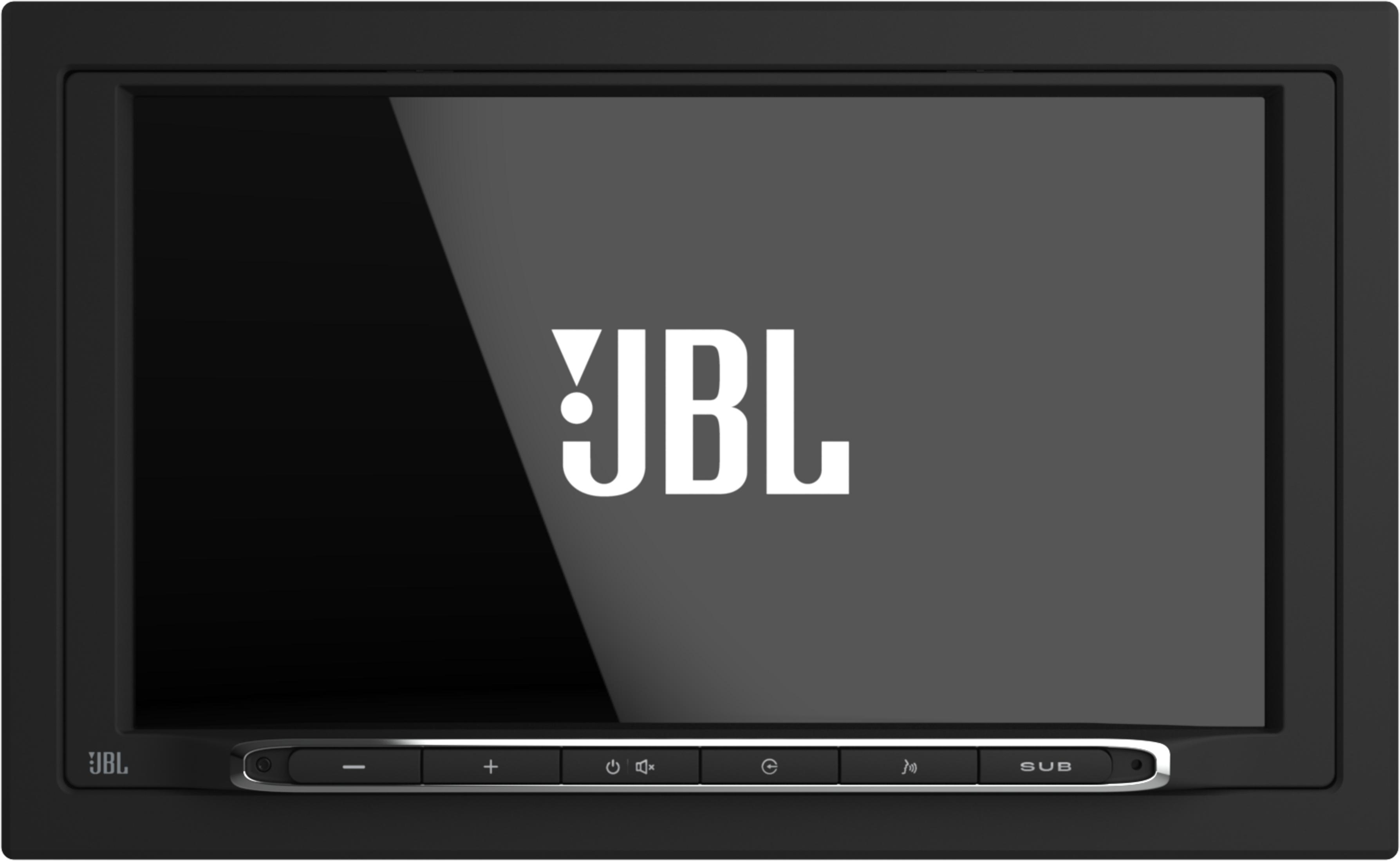 Schwarzer Bildschirm mit weißem JBL-Logo und Bedienelementen unten.