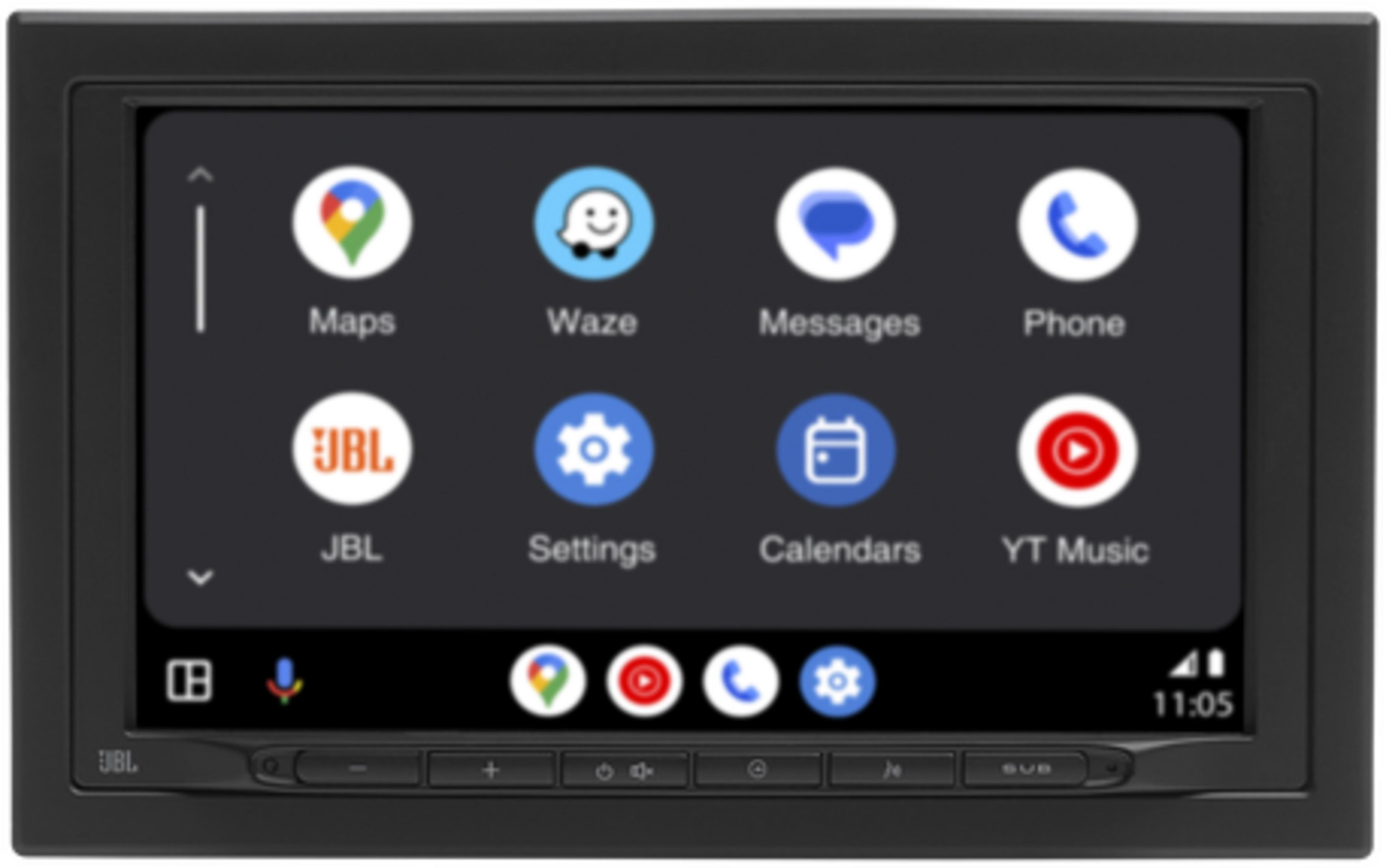 Ein Autoradio-Display zeigt Apps wie Maps, Waze, Nachrichten und Telefon.