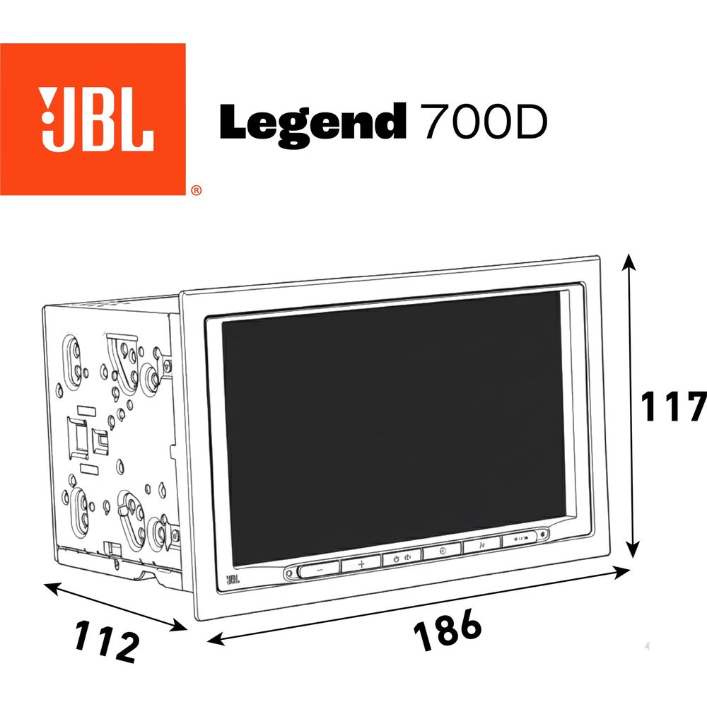 JBL Legend 700D Autoradio-Einheit mit Maßen 186x117x112mm.