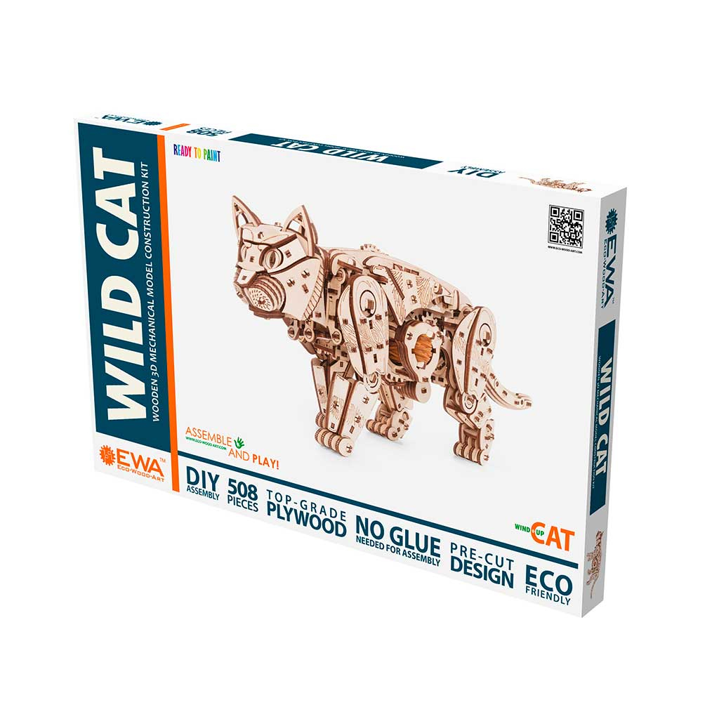 Verpackung eines Holzmodellbausatzes einer Katze mit der Aufschrift "Wild Cat".