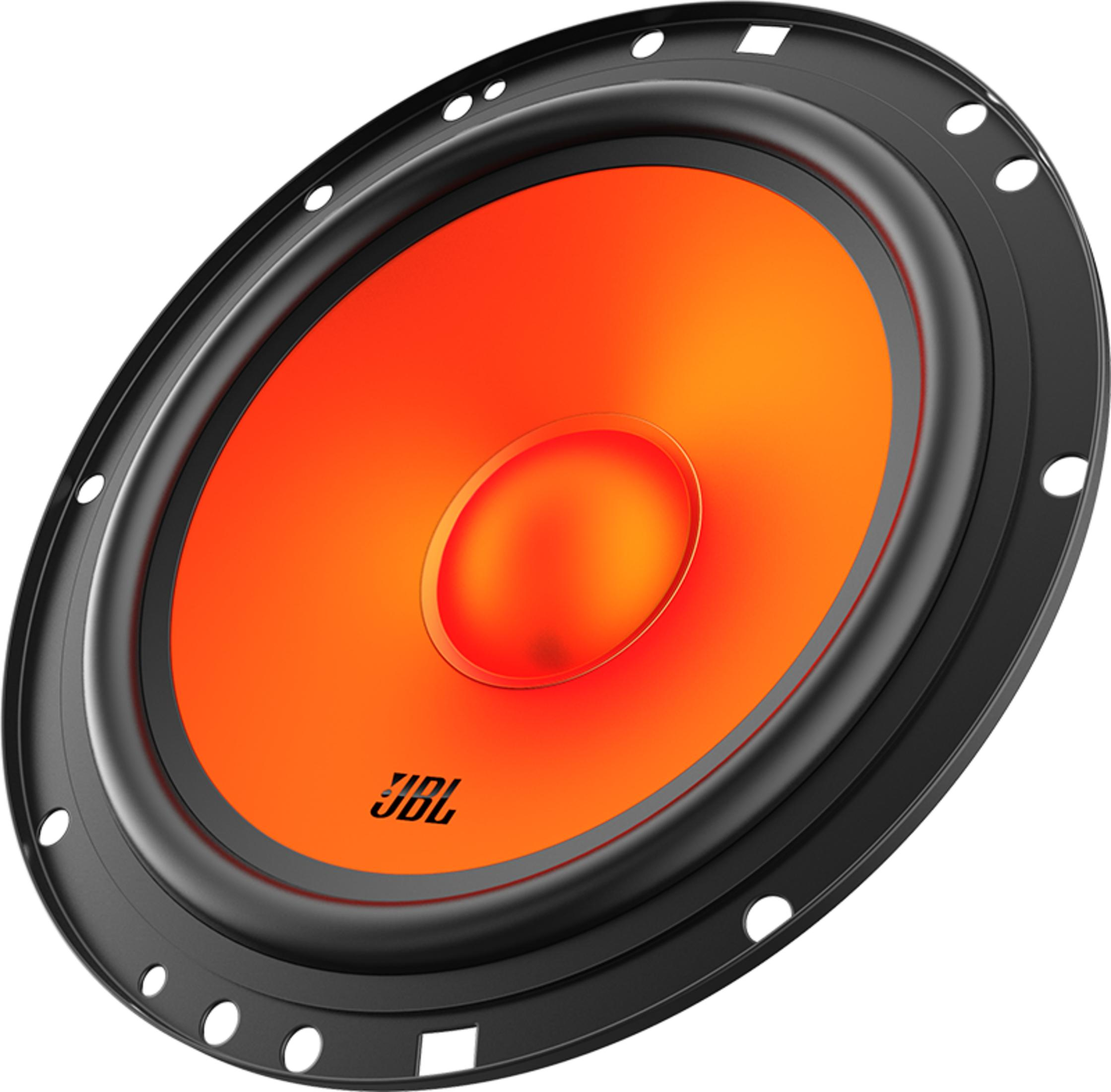 Haut-parleur noir avec cône orange vif et logo JBL.