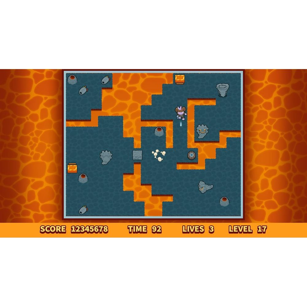Uno schermo di gioco a cartoni animati che mostra una ragazza che evita lava e mostri.